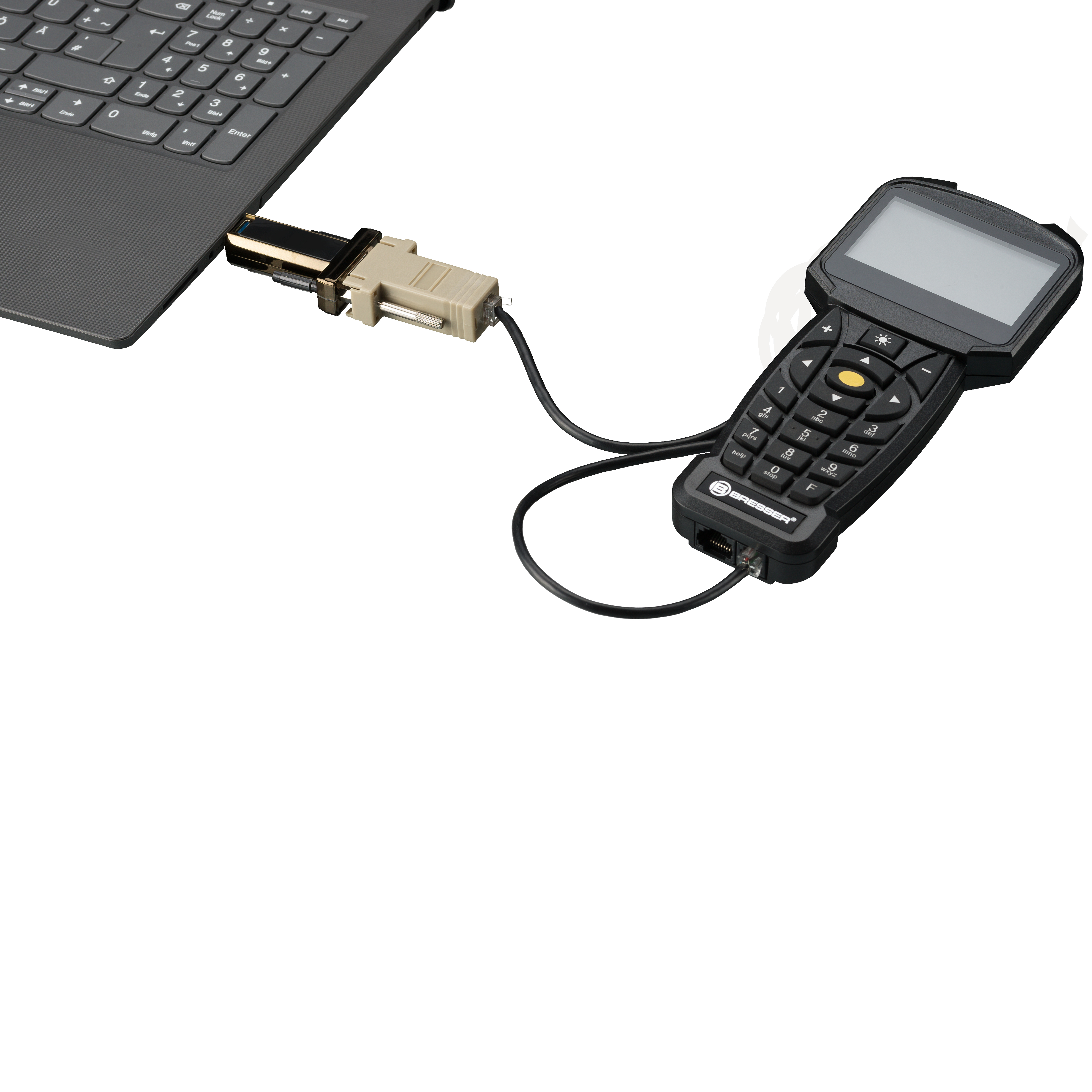 Ein Laptop, der über ein Kabel mit einem schwarzen Handheld-Gerät mit Bildschirm und Tastatur verbunden ist.