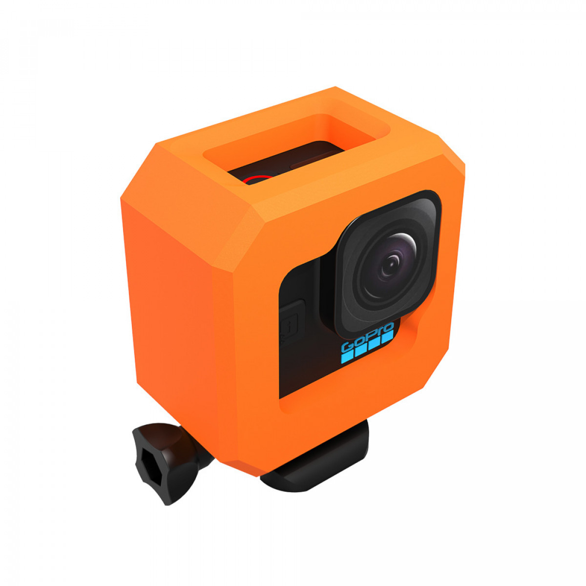 Orangefarbene GoPro-Kamera in Schutzhülle, mit Objektiv und Knöpfen.
