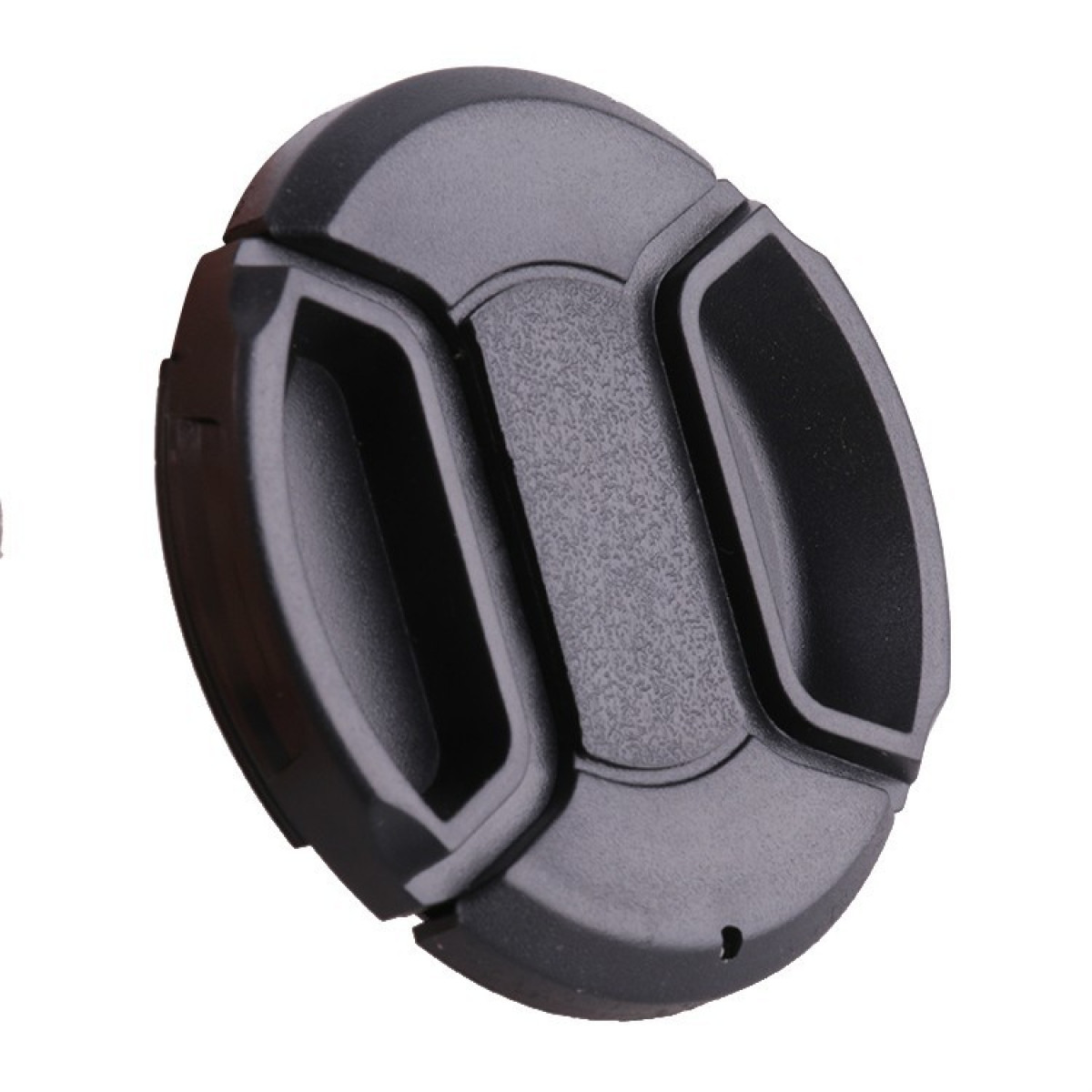 Eine schwarze Objektivkappe mit gerilltem Griff und einer zentralen Vertiefung.