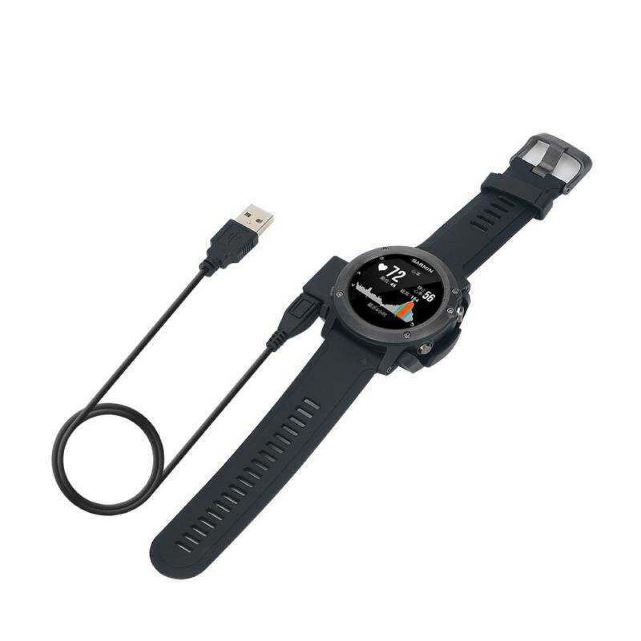 Czarny smartwatch z kablem do ładowania. Zegarek na białym tle, kabel i ładowarka.