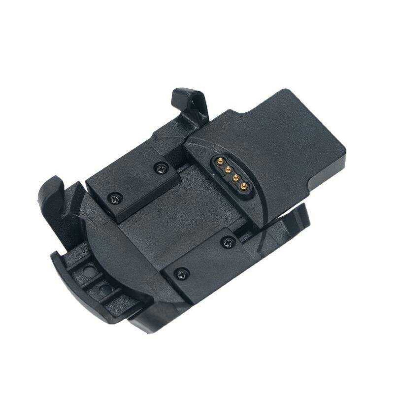 Czarna stacja ładująca ze złotymi pinami i detalami śrub na białym tle.