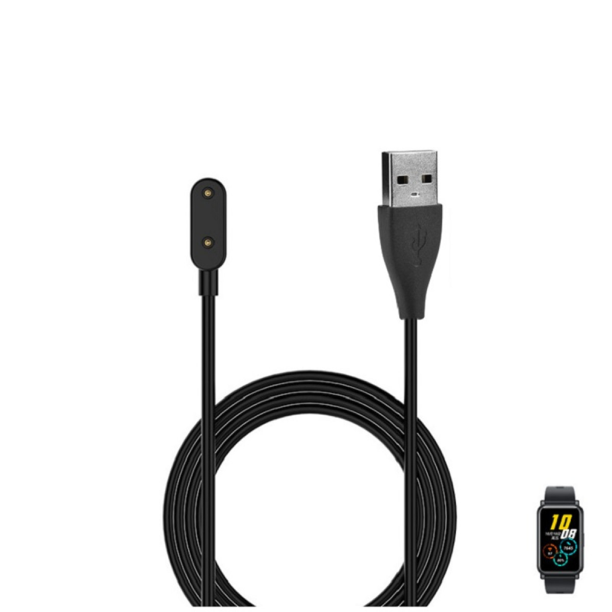 Schwarzes Ladekabel mit USB- und Magnetanschluss sowie eine Smartwatch auf weißem Hintergrund.
