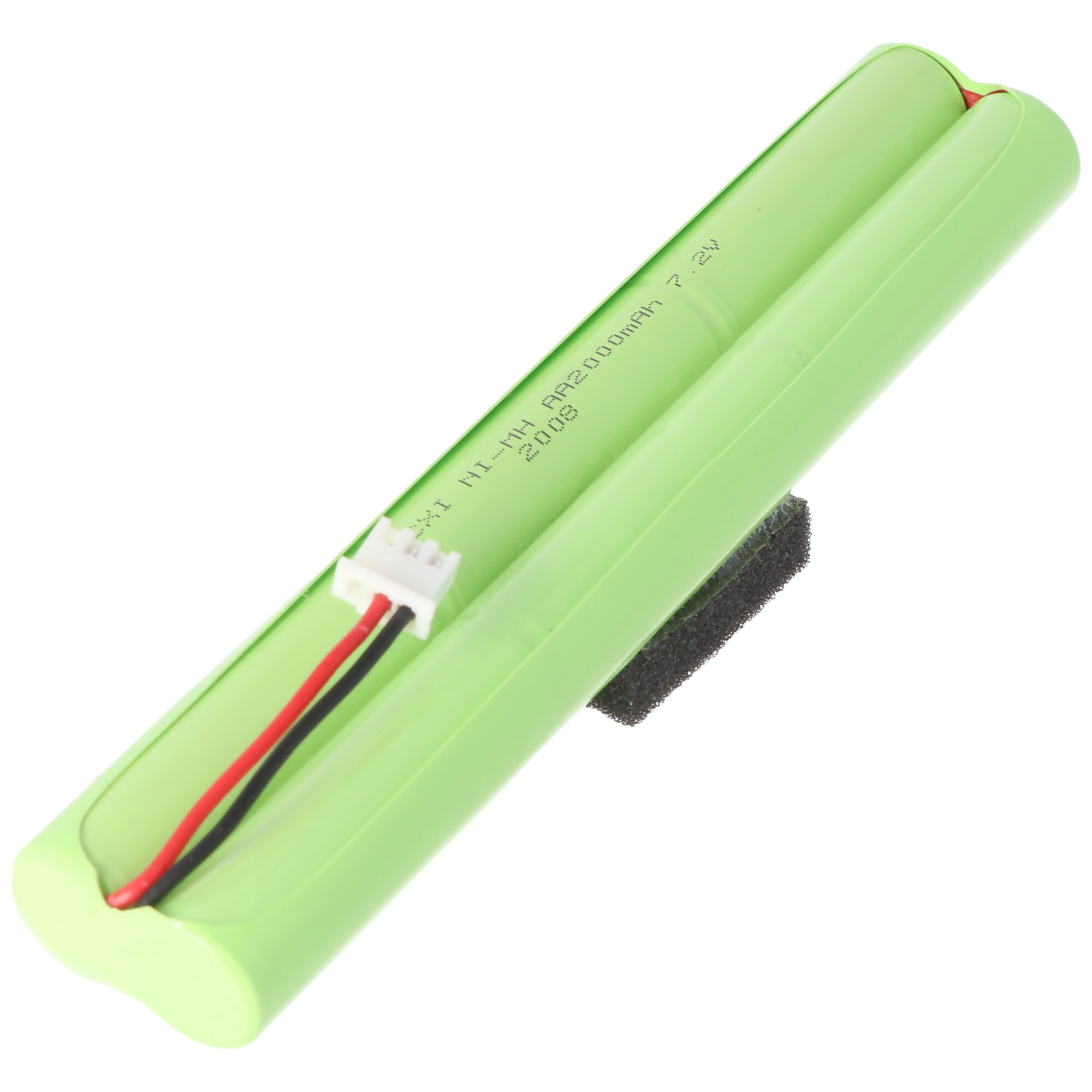 Grünes Batterienpack mit roten und schwarzen Drähten und schwarzer Schaumbasis.