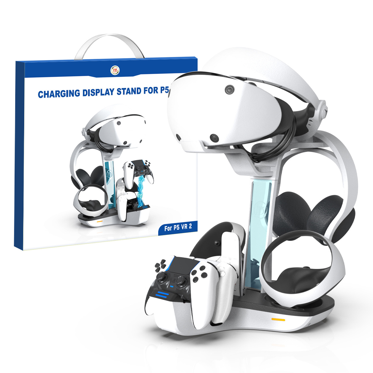 Ein Ladeständer für PS5 VR 2 mit Headset, Controllern und einer Box.