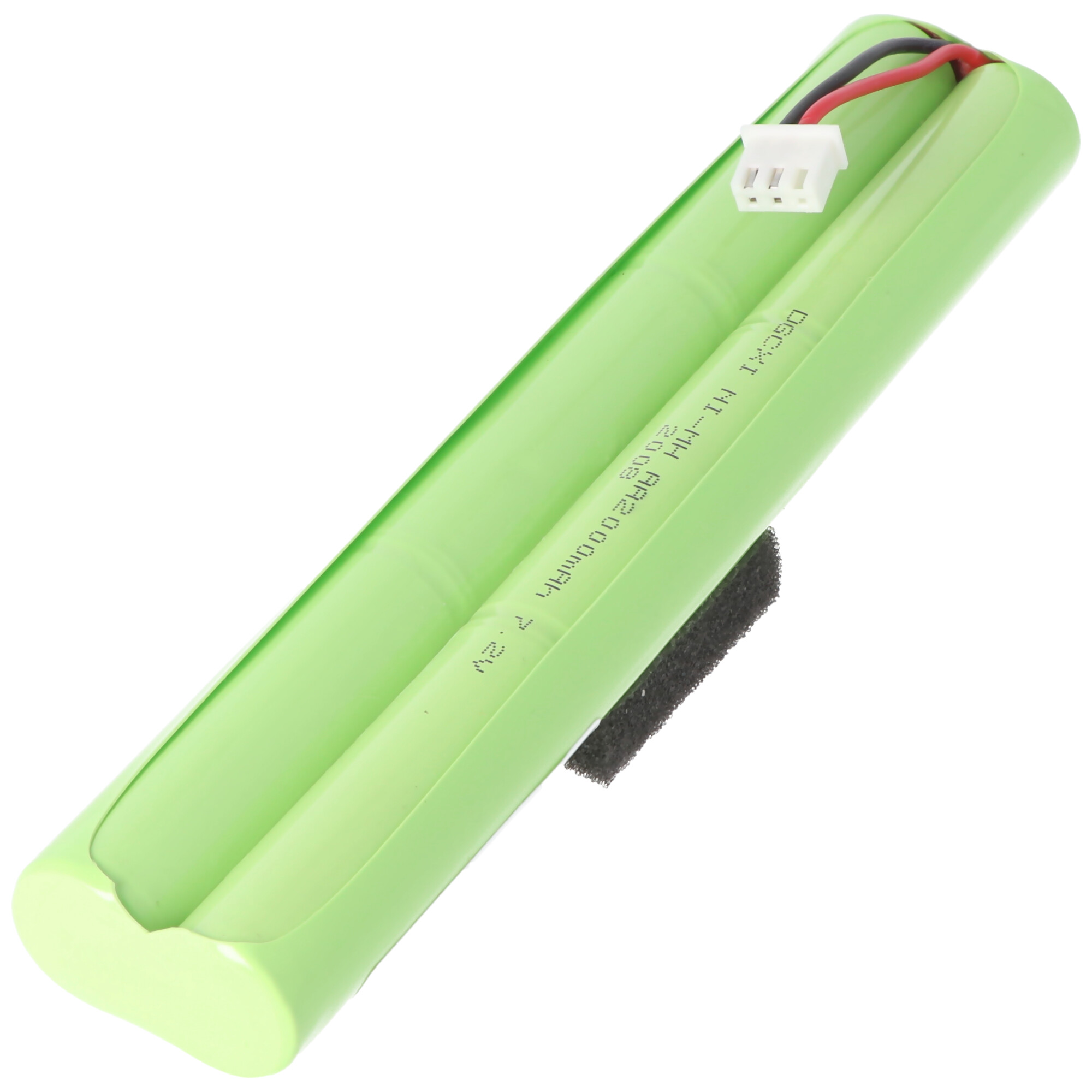 Eine grüne Batteriezelle mit weißen Anschlüssen und einem schwarzen Schaumstoffpolster.