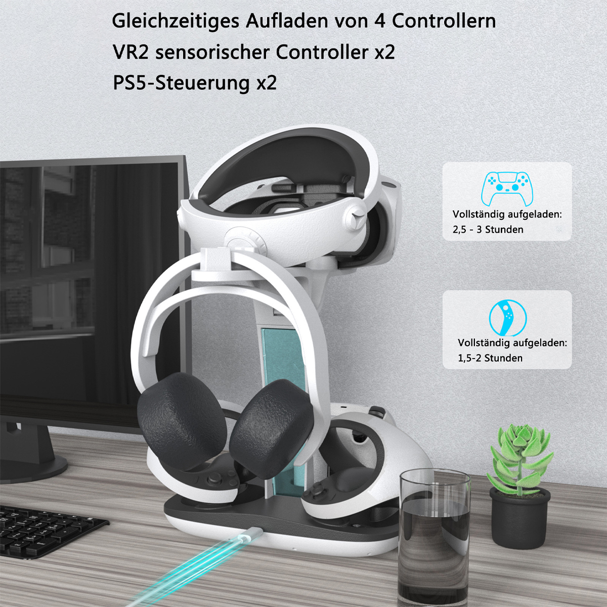 Weißes VR-Headset und Controller, die auf einem Ständer mit Glas und Pflanze geladen werden.
