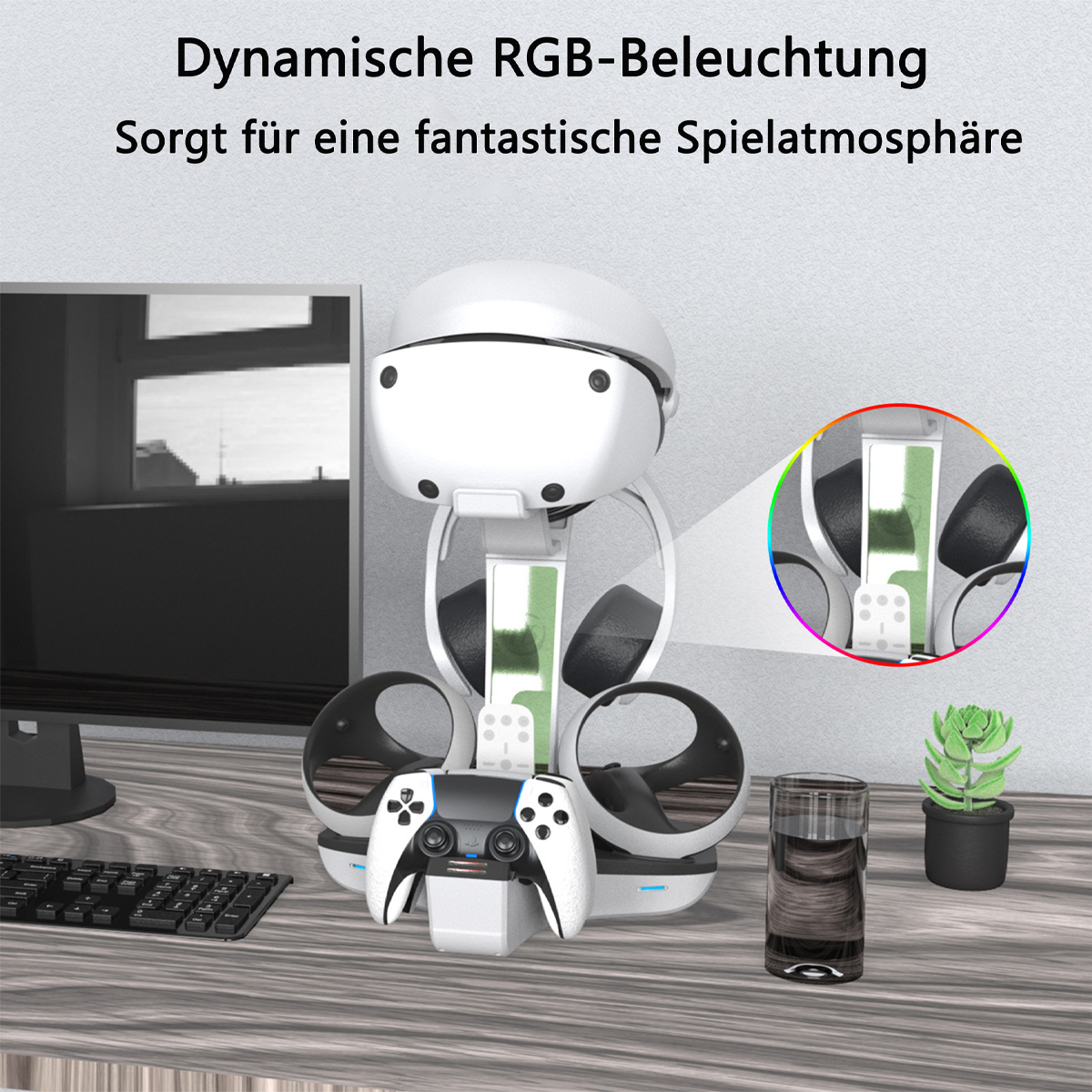 Ein VR-Headset-Display mit Controllern, einer Tastatur und einer Pflanze, mit dem Text 'Dynamische RGB-Beleuchtung'.
