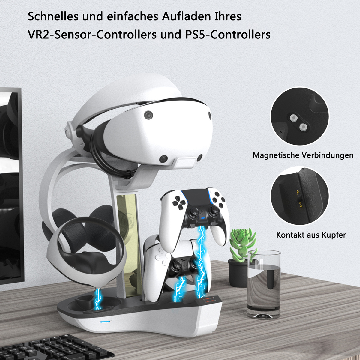 Ladestation mit VR-Headset, Controllern und Text.