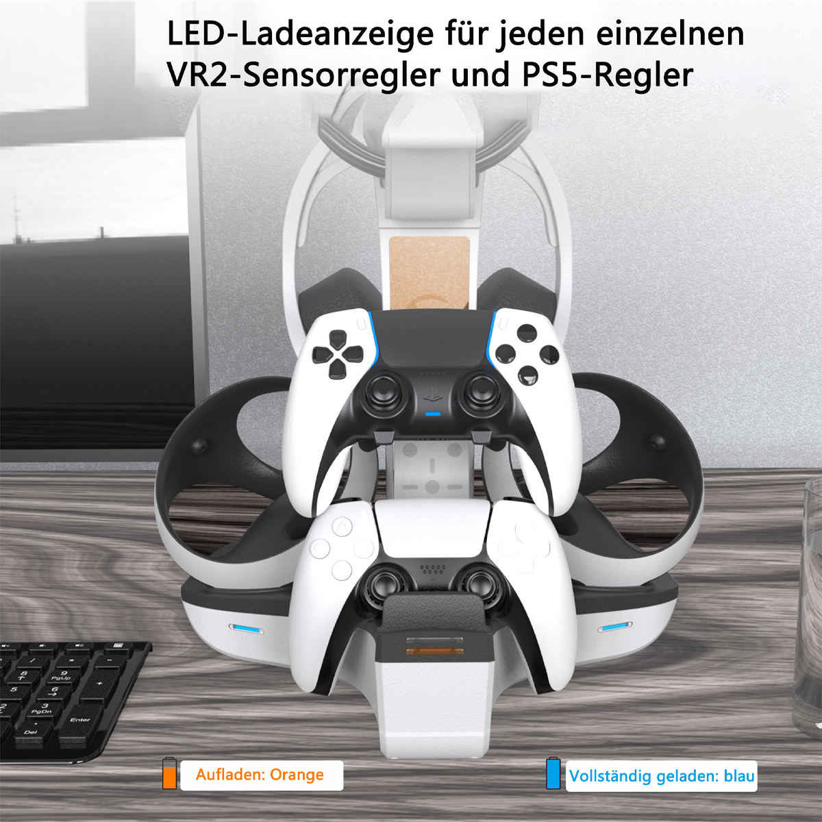 Eine Ladestation mit Controllern und LED-Anzeigen.