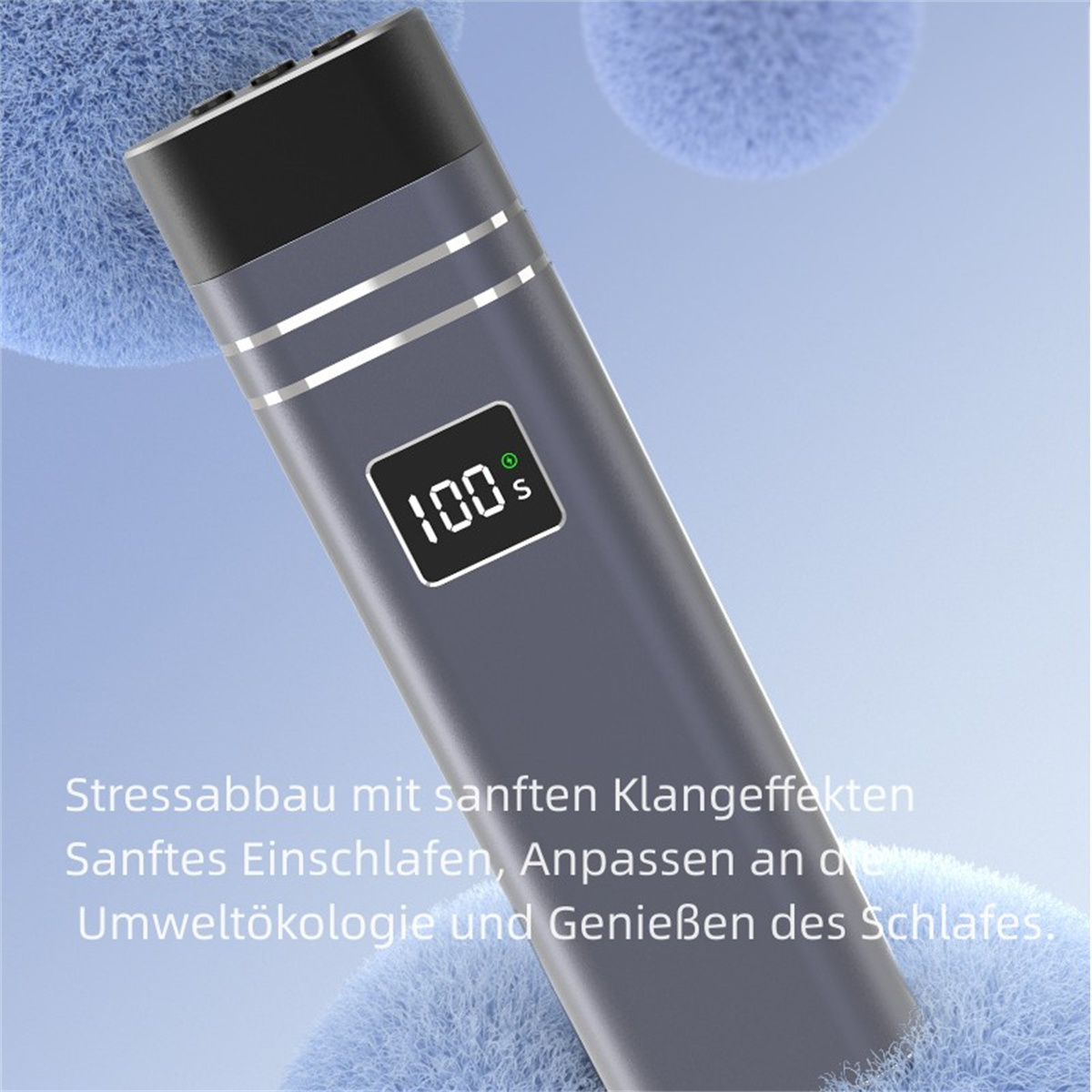 Graues Gerät mit Bildschirm, der '100s' zeigt, und unscharfem Hintergrund.