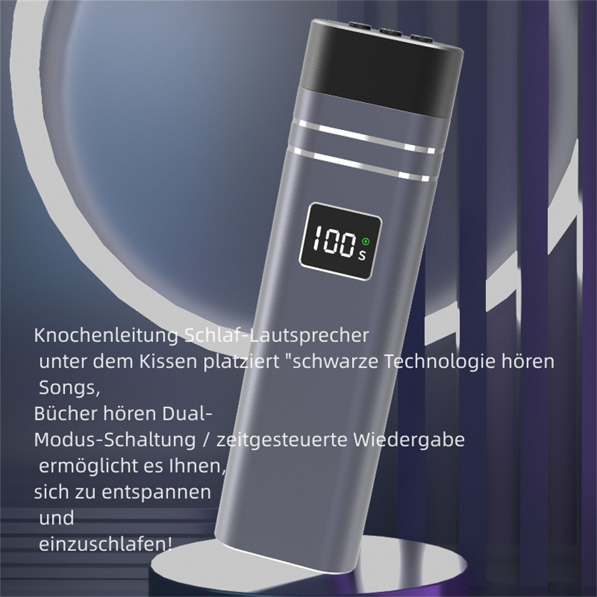 Graues Gerät mit Bildschirm, der 100% anzeigt, auf glänzender Oberfläche mit Text.