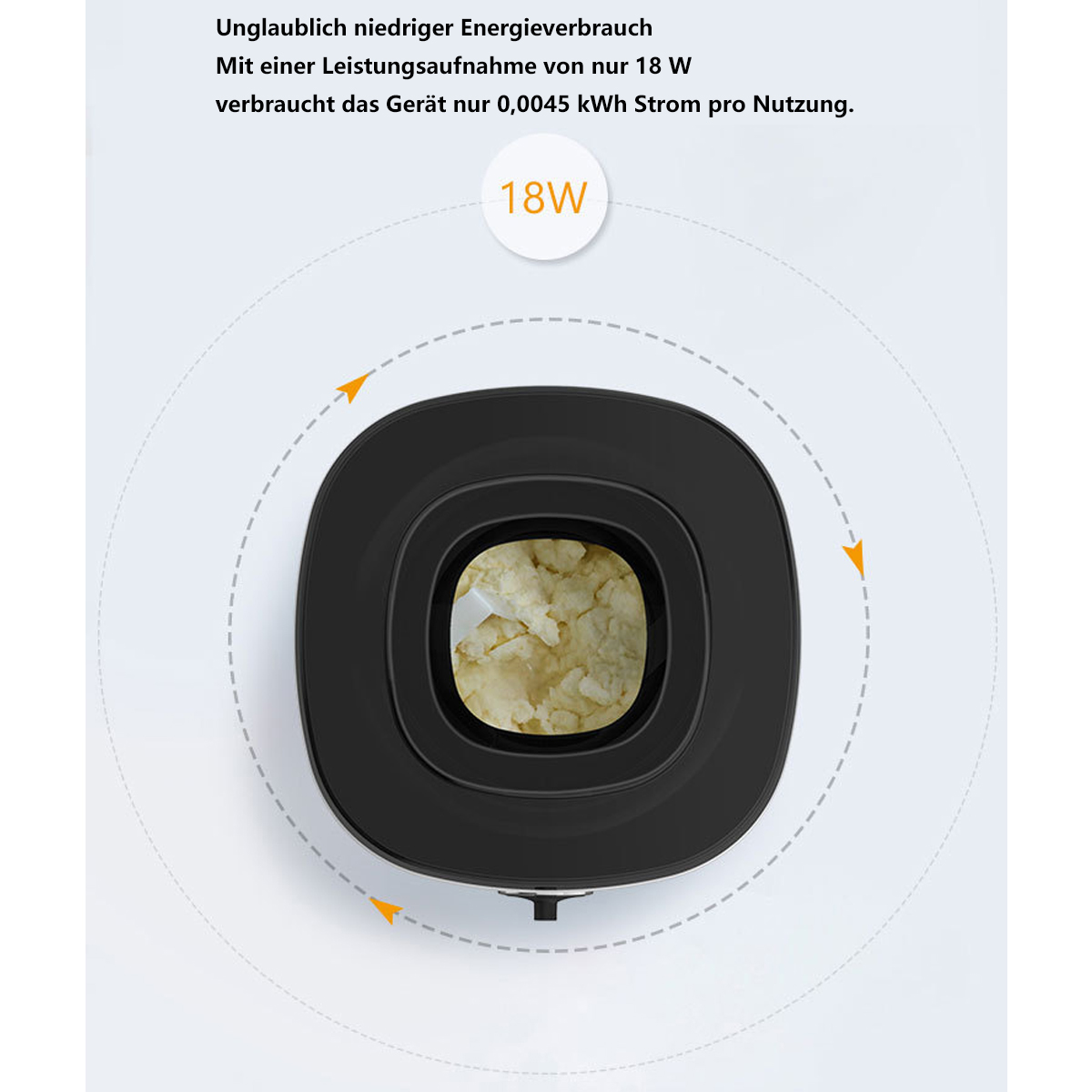 Un dispositivo negro con diseño circular, posiblemente una panificadora, con una etiqueta de 18W.