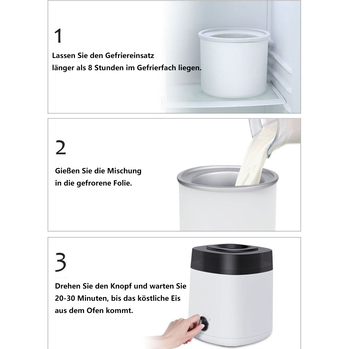 Instrucciones para hacer helado con un recipiente, leche y una máquina, en pasos.