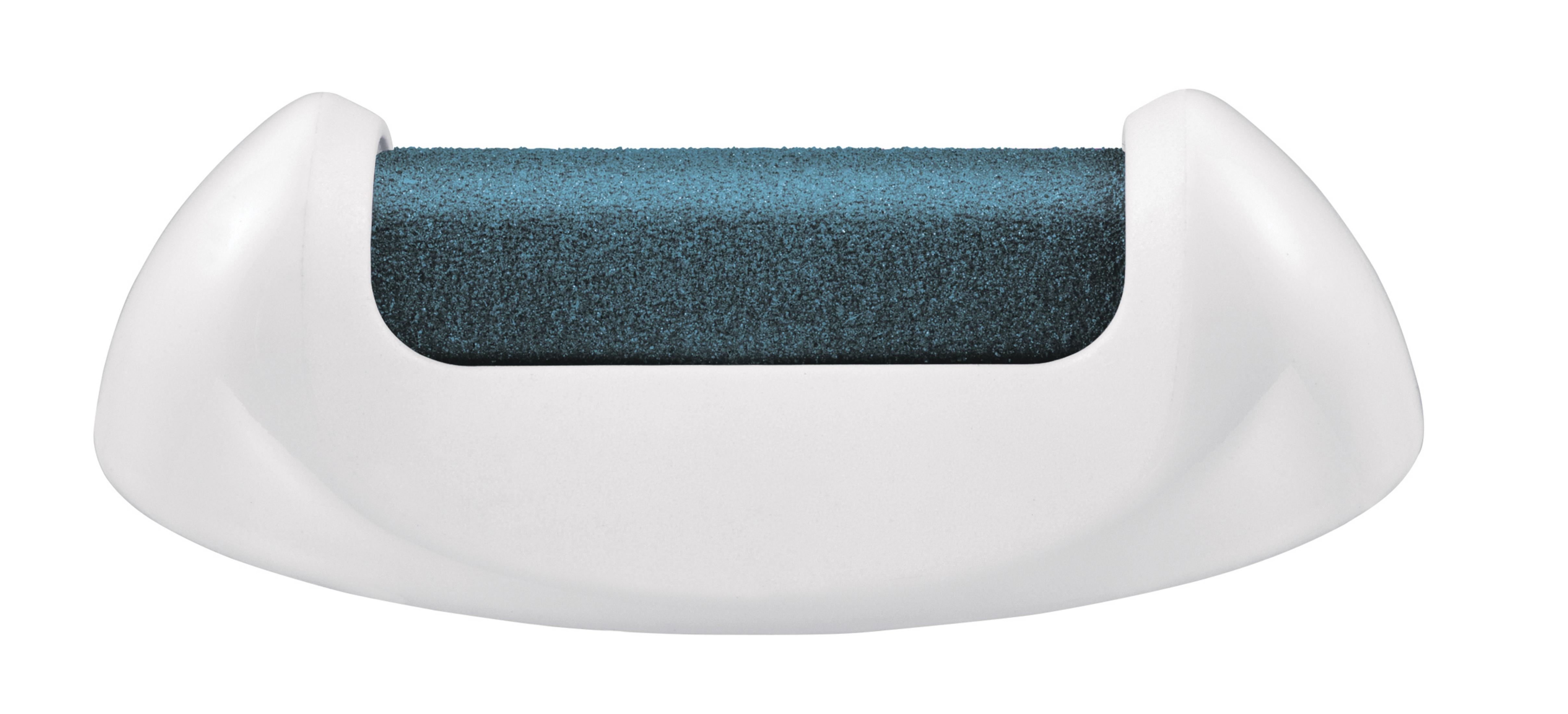 Weißes Fußpflegegerät mit blauer, rotierender Rolle, Nahaufnahme.