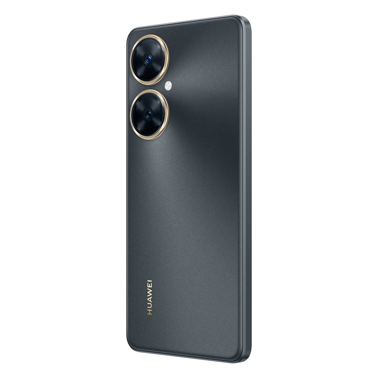 Ein dunkelgraues Smartphone, Rückansicht, mit zwei Kameras mit goldenen Ringen und dem HUAWEI-Logo.