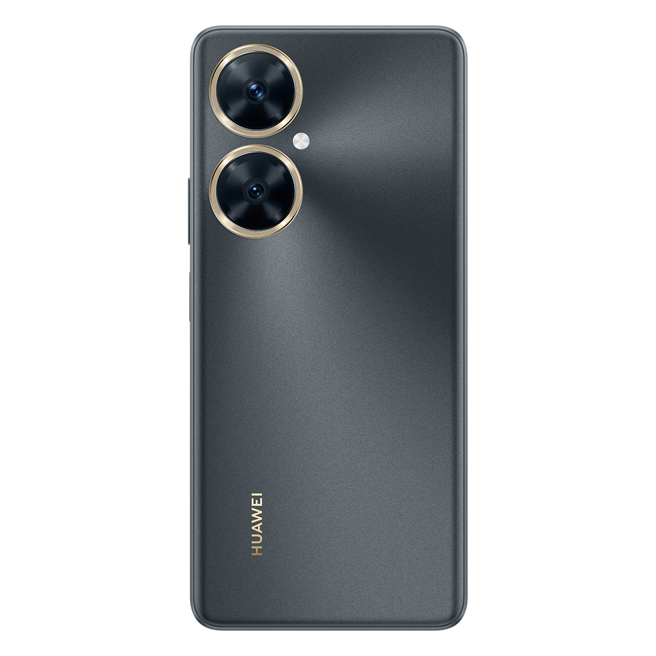 Rückansicht eines dunkelgrauen Telefons mit zwei goldgerahmten Kameras und dem HUAWEI-Logo unten.