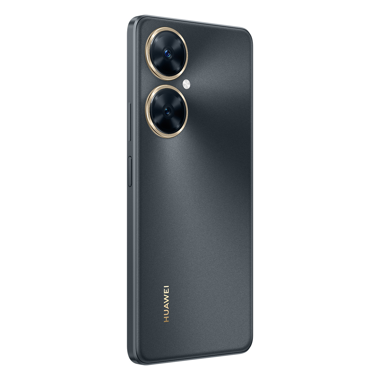 Dunkelgraues Huawei-Smartphone mit zwei Kameralinsen und Goldringen.