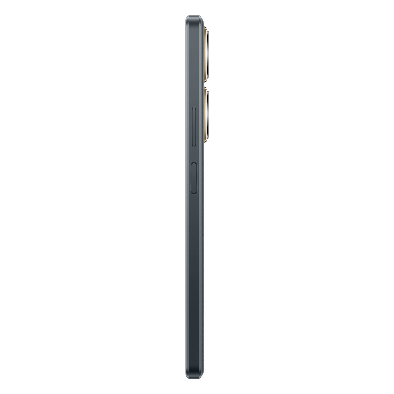 Seitenansicht eines dunkelgrauen Smartphones mit zwei Kameralinsen.