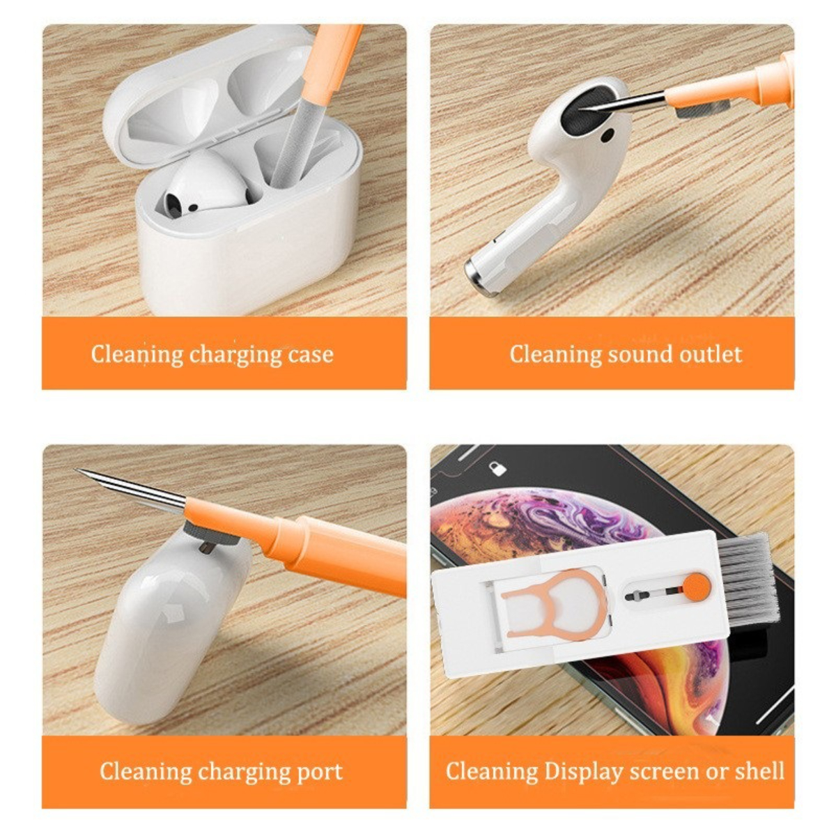 Un kit de limpieza para electrónica. Incluye herramientas para limpiar la funda de carga, la salida de sonido y los puertos.