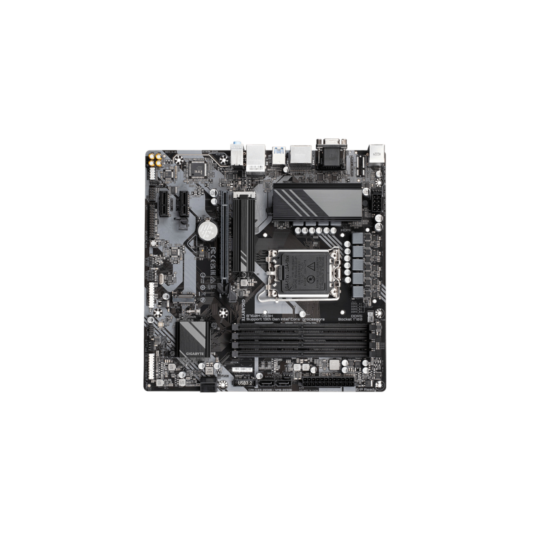 Widok z góry na płytę główną komputera, z wieloma widocznymi elementami.