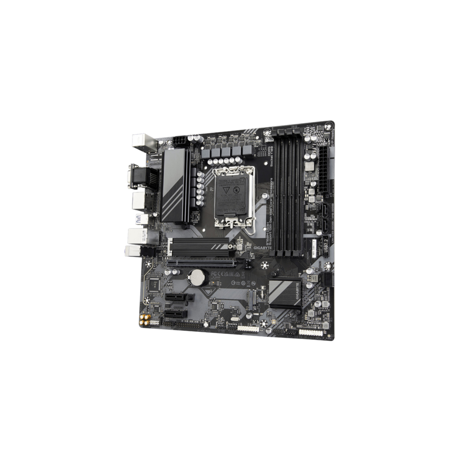 Płyta główna komputera. Jest czarna i szara. Tło jest białe.