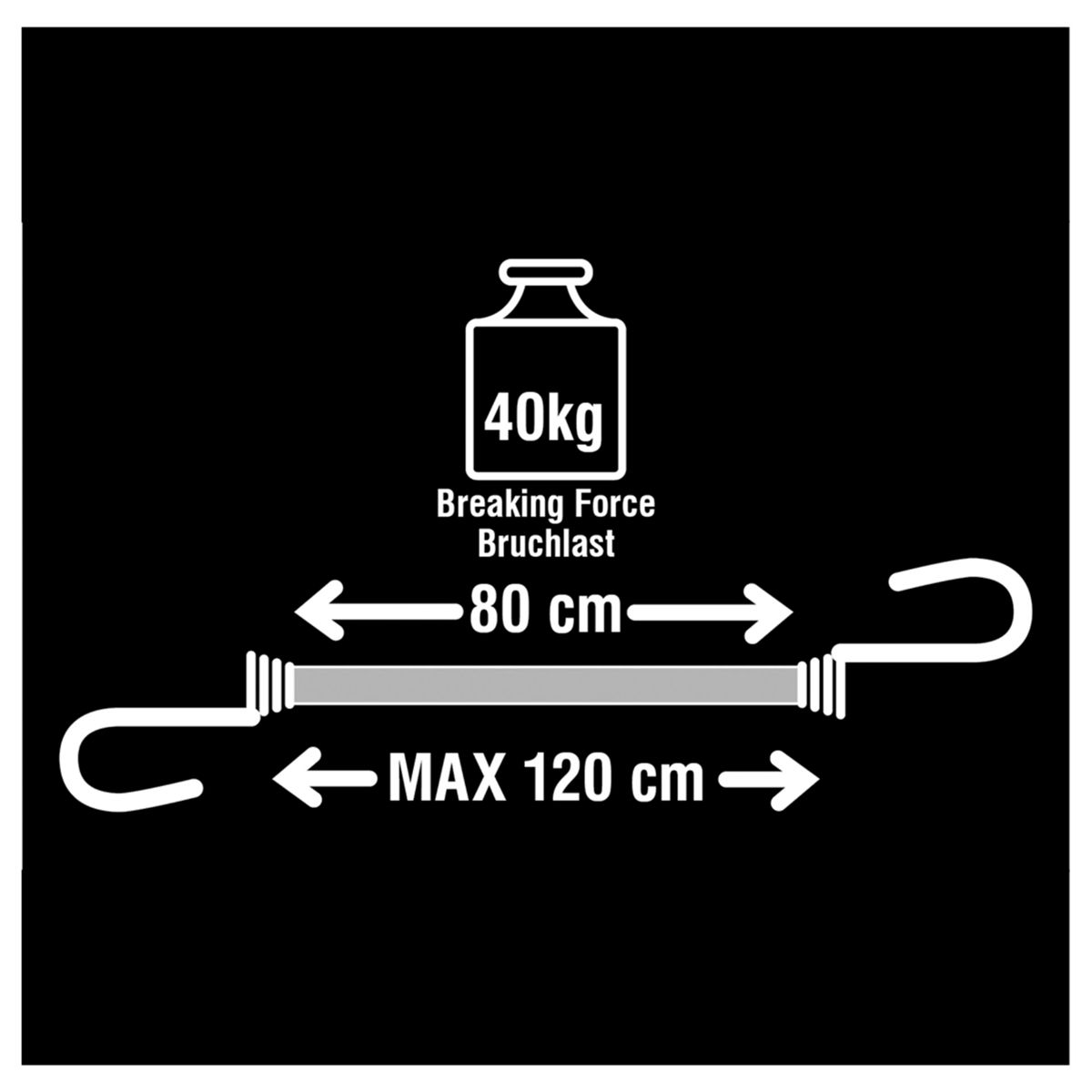 Diagramma su sfondo nero, che mostra la forza di rottura e le dimensioni di un cavo elastico.