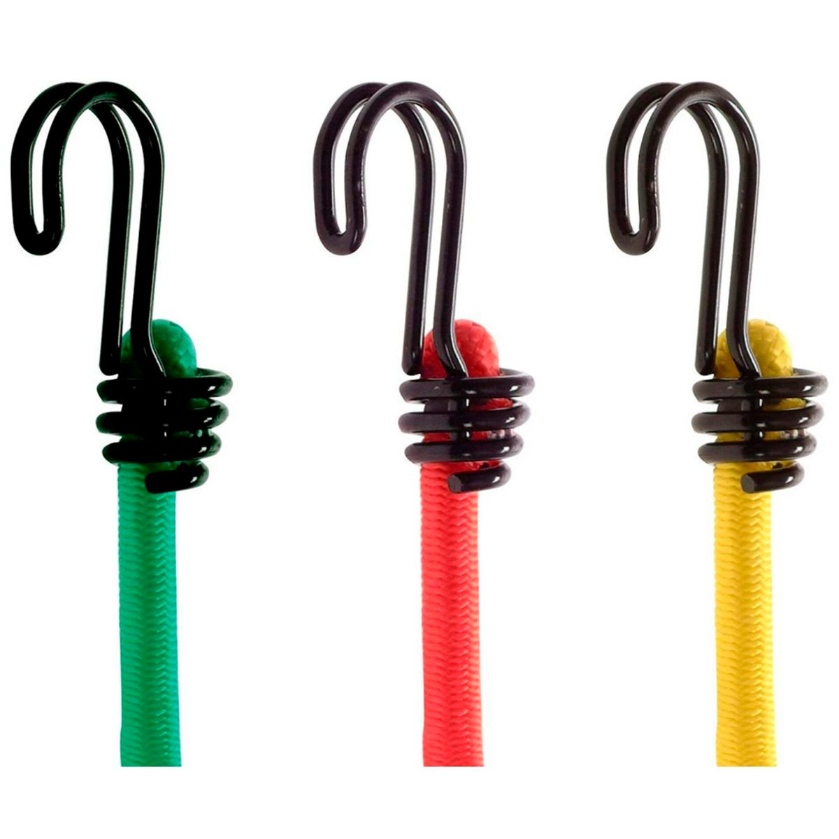 Tre corde elastiche: verde, rossa e gialla, ciascuna con un gancio nero.