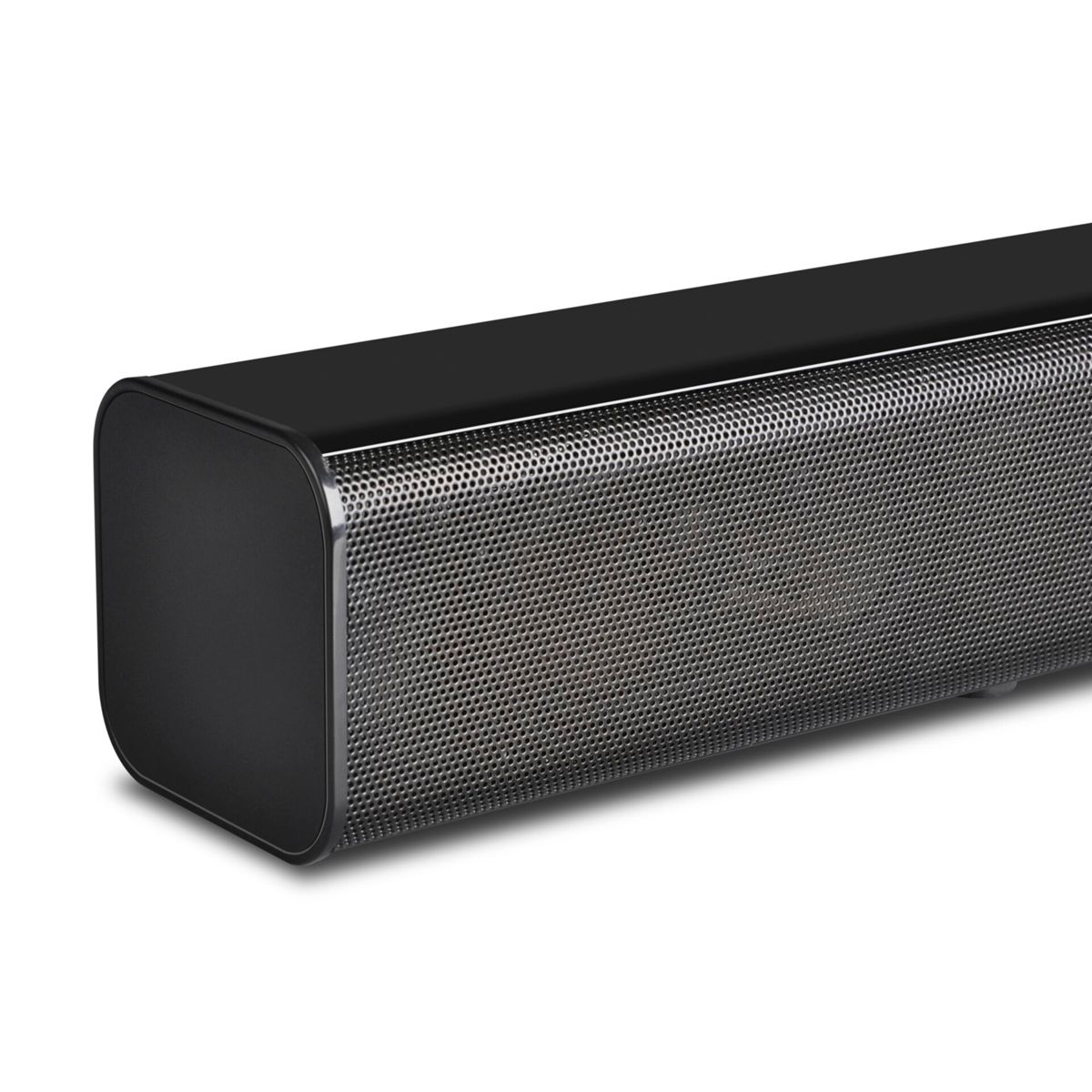 Czarny soundbar z siatkową maskownicą głośnika na białym tle.