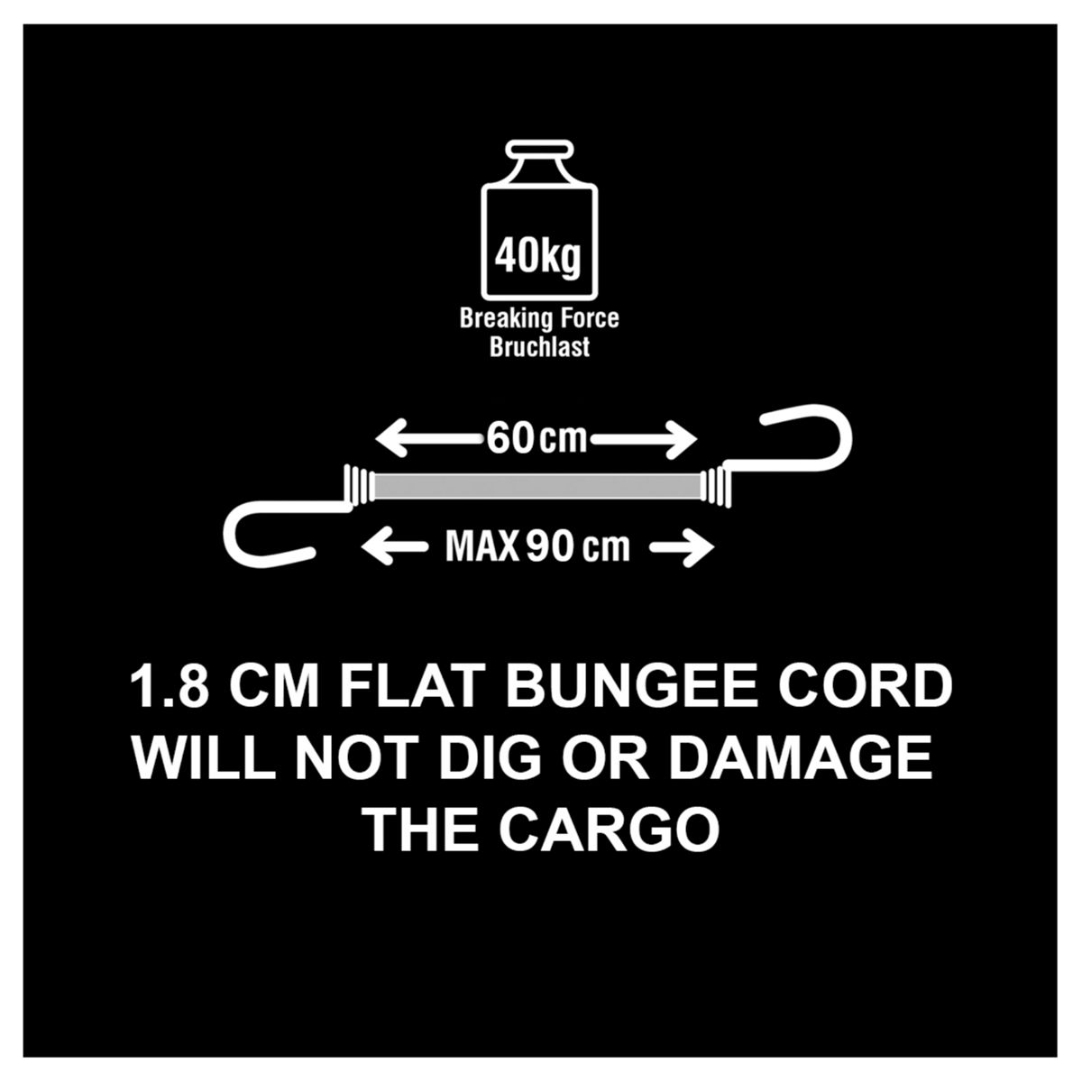 Specifiche di una corda elastica piatta da 1,8 cm con forza di rottura di 40 kg, lunghezza di 60 cm e allungamento max di 90 cm.