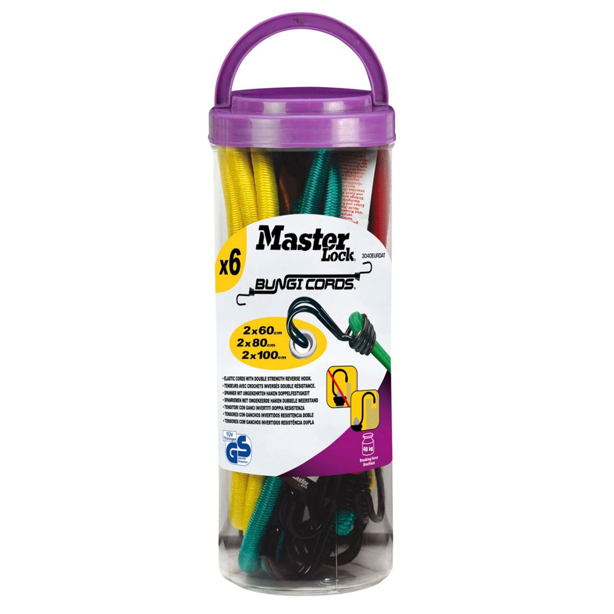 Un contenitore di plastica trasparente con sei corde elastiche all'interno.