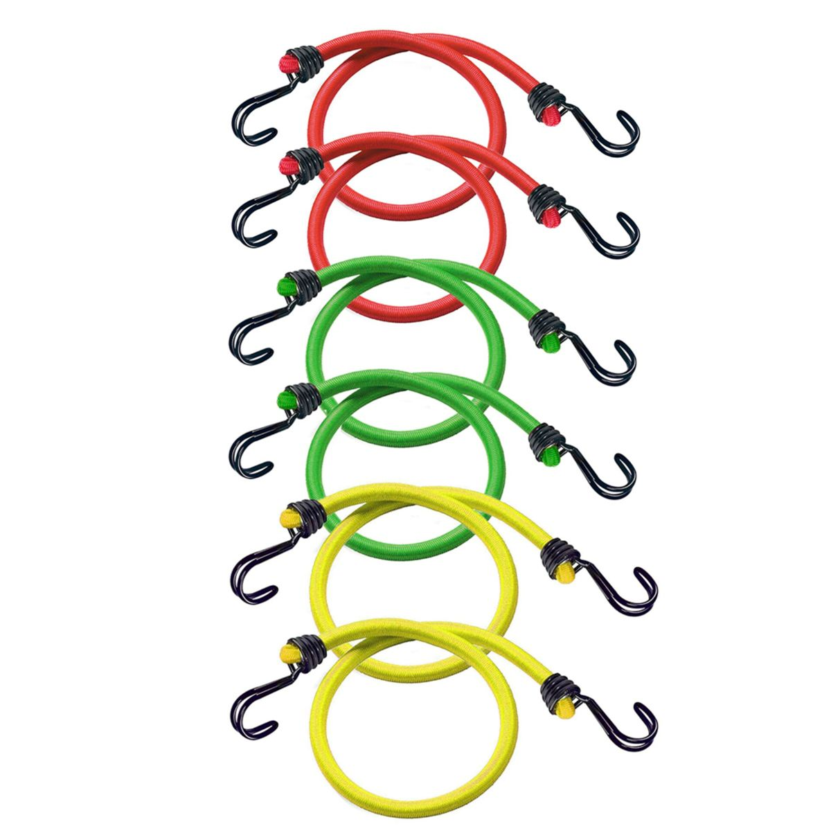 Un set di cavi elastici con colori rosso, verde e giallo. I cavi sono in una linea verticale.