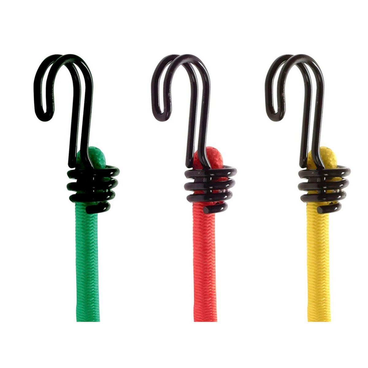 Tre corde elastiche, verde, rossa e gialla, con ganci neri.
