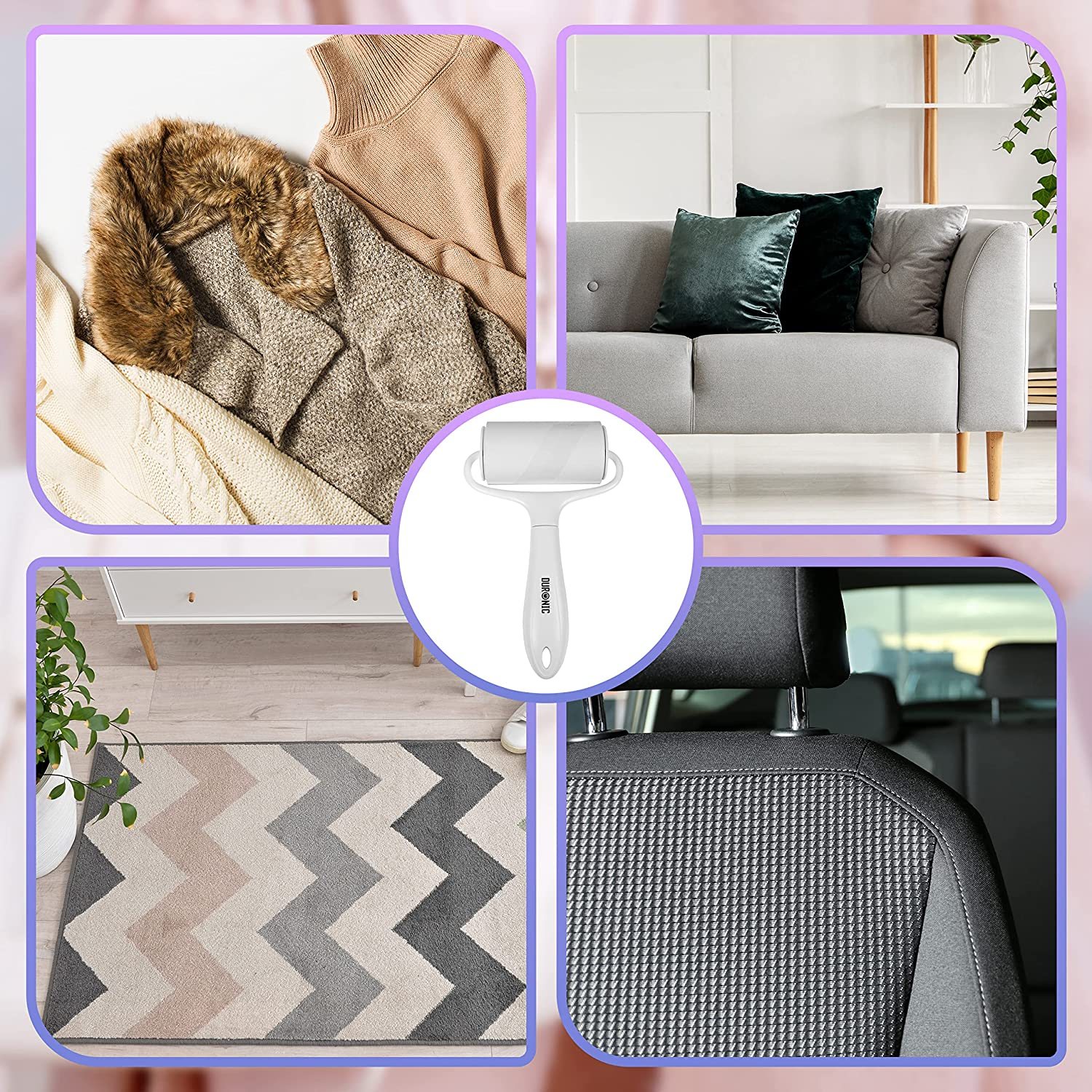Eine Collage von Gegenständen: Kleidung, eine Couch mit Kissen, eine Fusselrolle, ein Teppich und ein Autositz.
