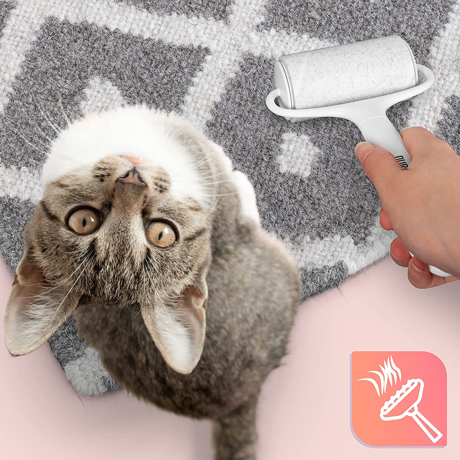 Katze auf gemustertem Teppich, wird mit weißer Rolle gereinigt.
