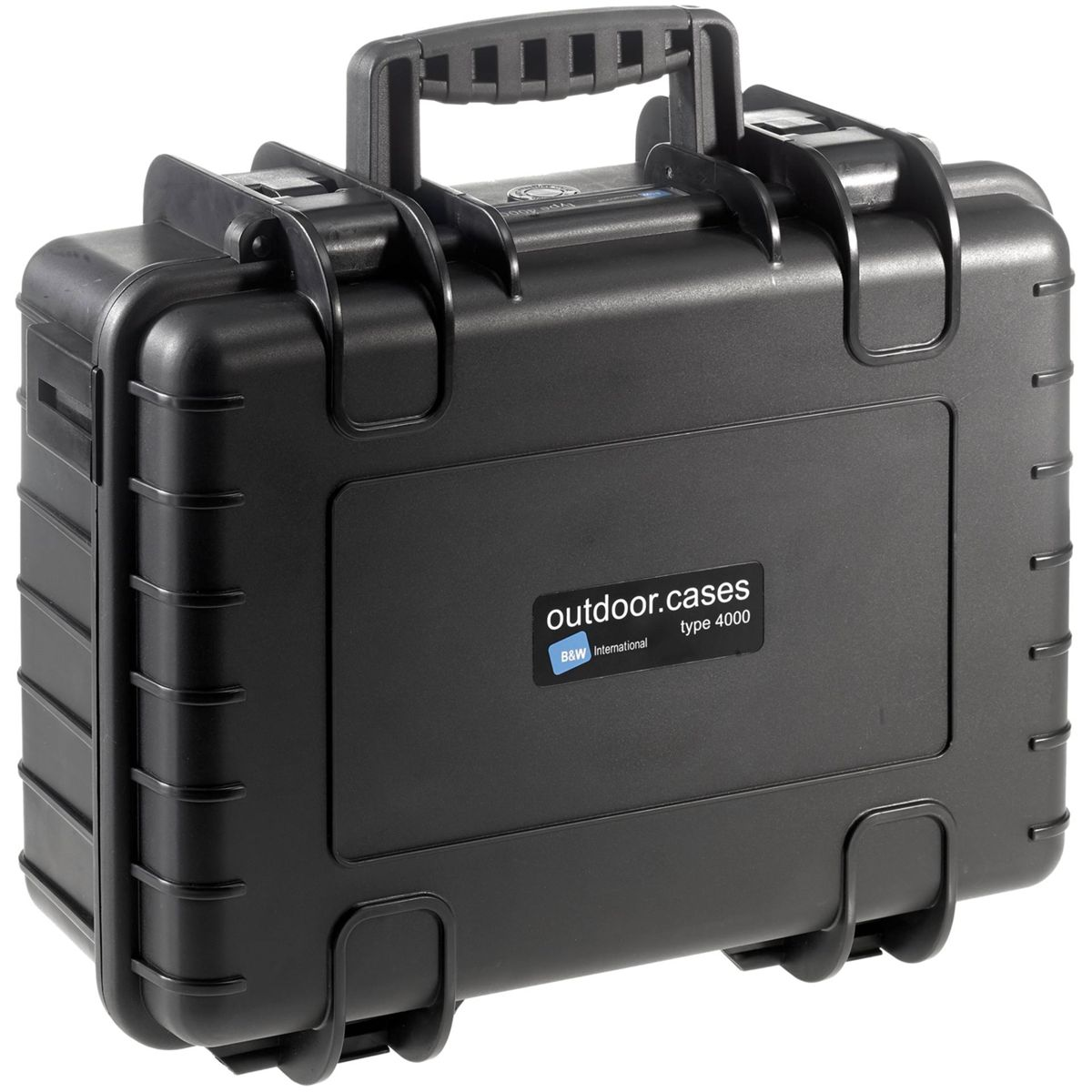 Schwarzer Outdoor-Koffer mit Griff, Aufschrift outdoor.cases.
