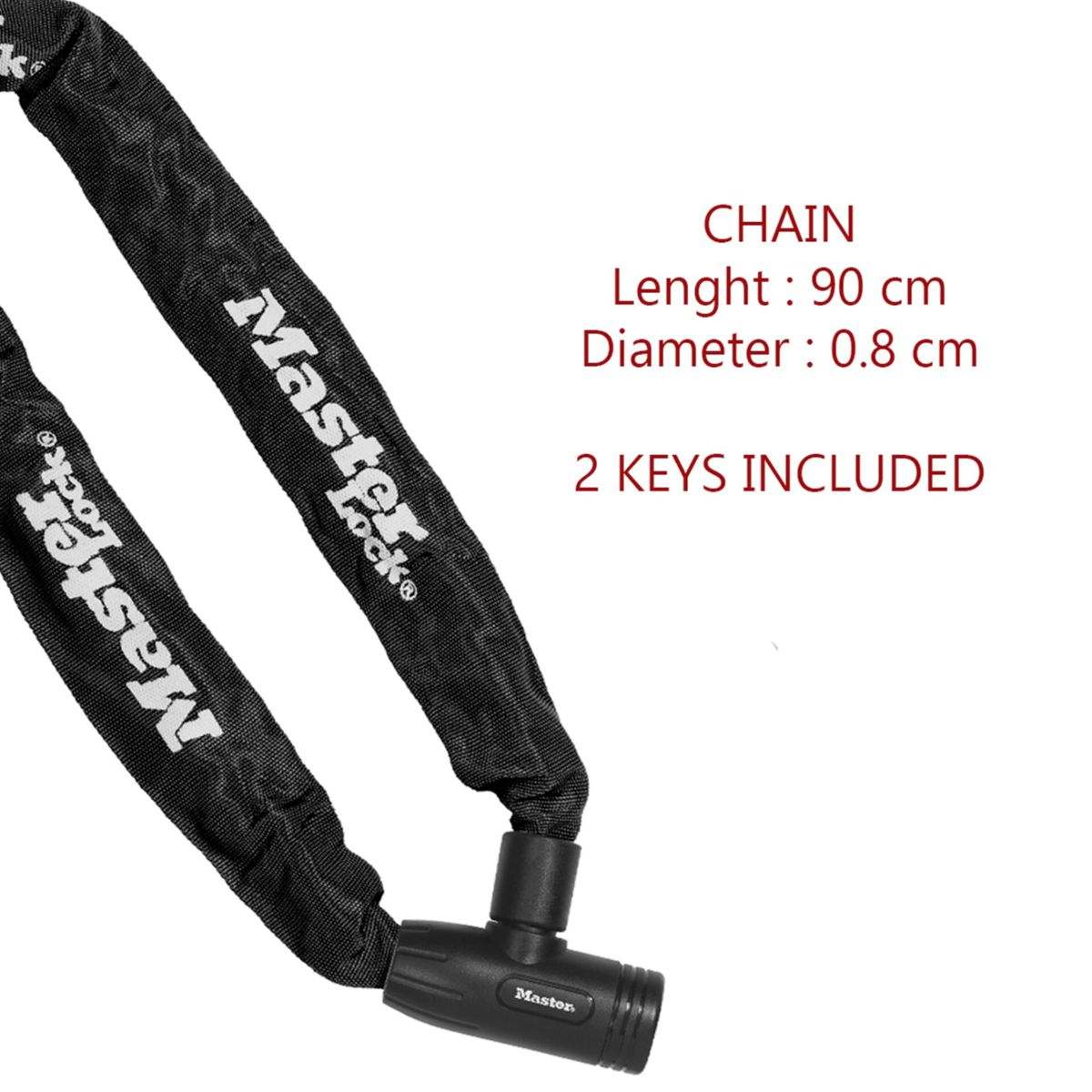 Un lucchetto a catena nero con il logo Master Lock e testo che descrive la sua lunghezza e il suo diametro.