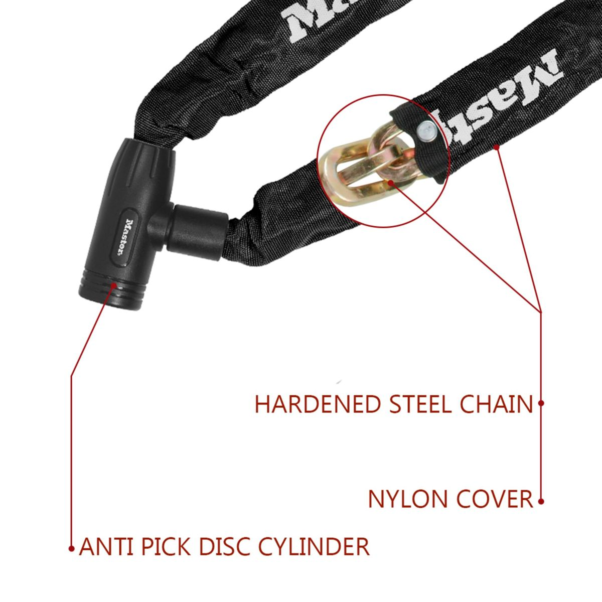Catena nera Master Lock con etichette rosse: catena in acciaio temprato, rivestimento in nylon, cilindro anti-picking.