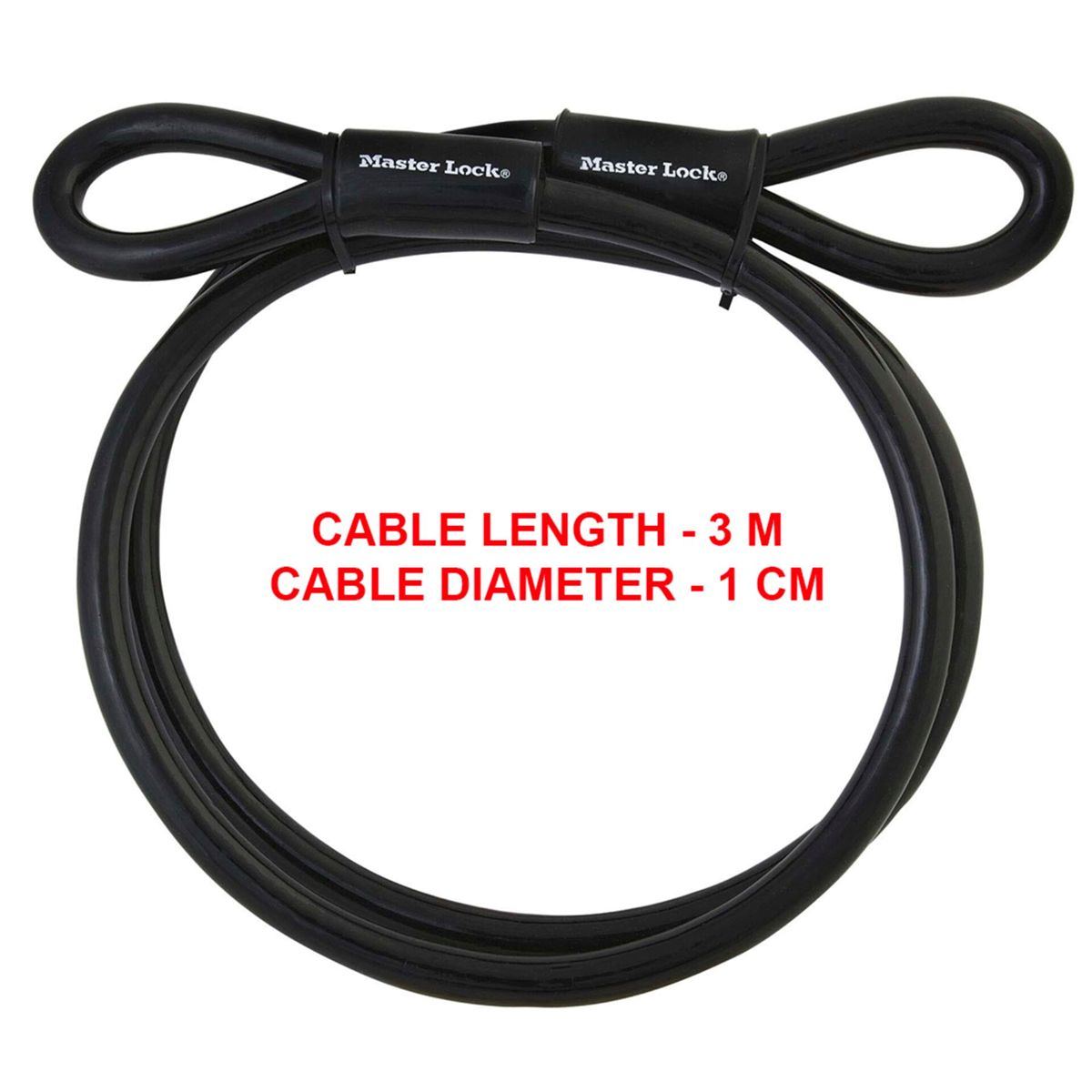 Catenaccio a cavo nero con testo 'Cable Length - 3 M' e 'Cable Diameter - 1 CM' su bianco.