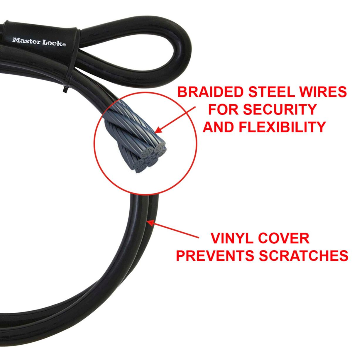Lucchetto per bici nero con fili in acciaio intrecciato e rivestimento in vinile.