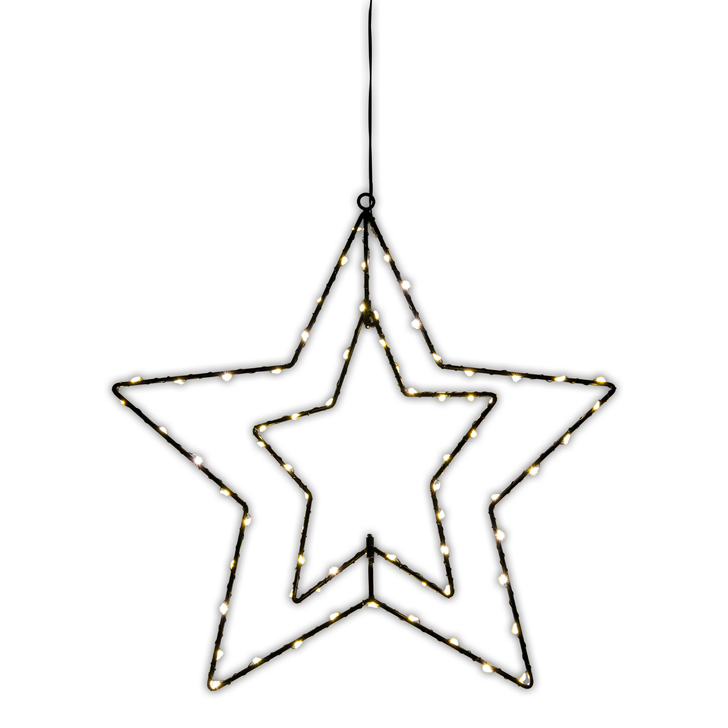 Sternförmige Weihnachtsdekoration mit Lichtern vor weißem Hintergrund.