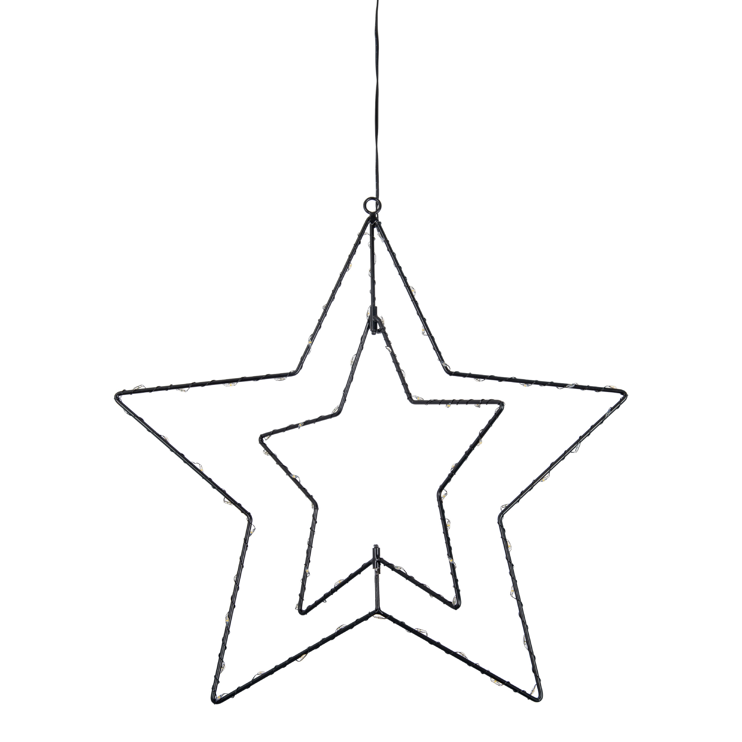 Eine schwarze Metall-Sterne-Dekoration mit mehrschichtigem Design, die vor weißem Hintergrund hängt.