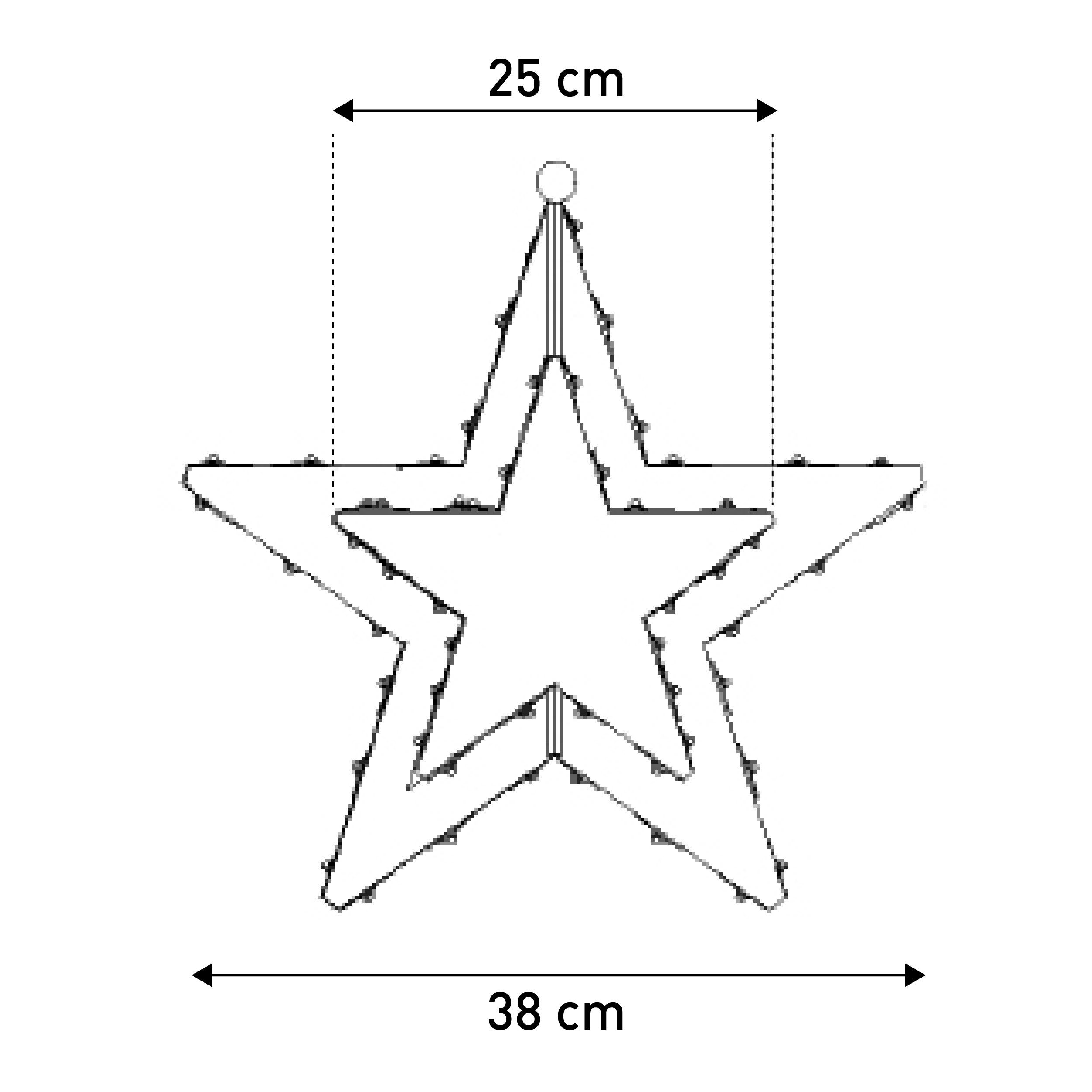 Ein sternförmiges Licht. Abmessungen sind 25cm x 38cm. Konturen und Lichtpunkte sind sichtbar.