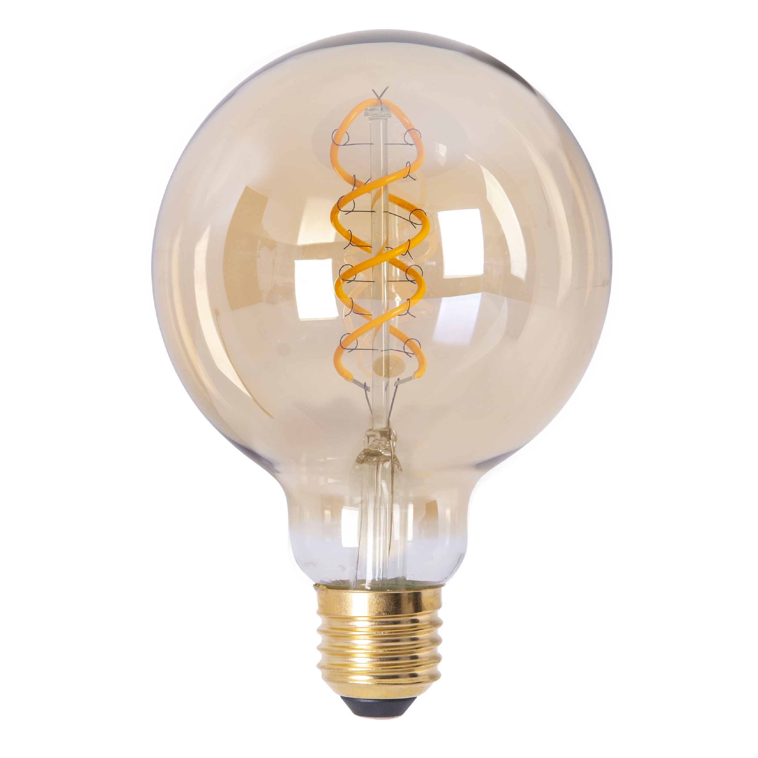 Eine große, runde Glühbirne mit einem orangefarbenen Glühfaden. Sie hat einen goldenen Sockel und ein klares Glasgehäuse.