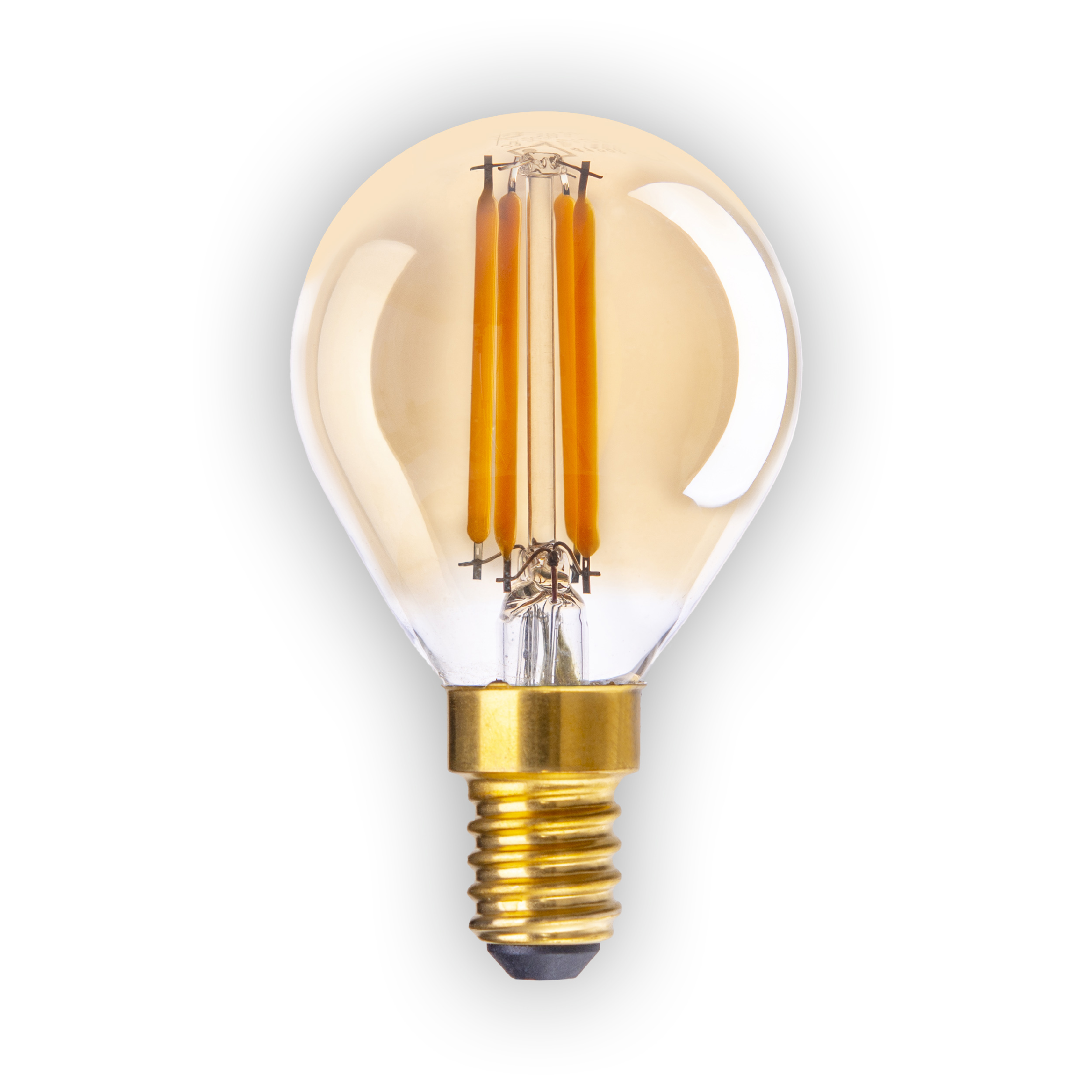 Klare Glühbirne mit orangefarbenen Filamenten und goldener Basis. Hintergrund: Weiß.