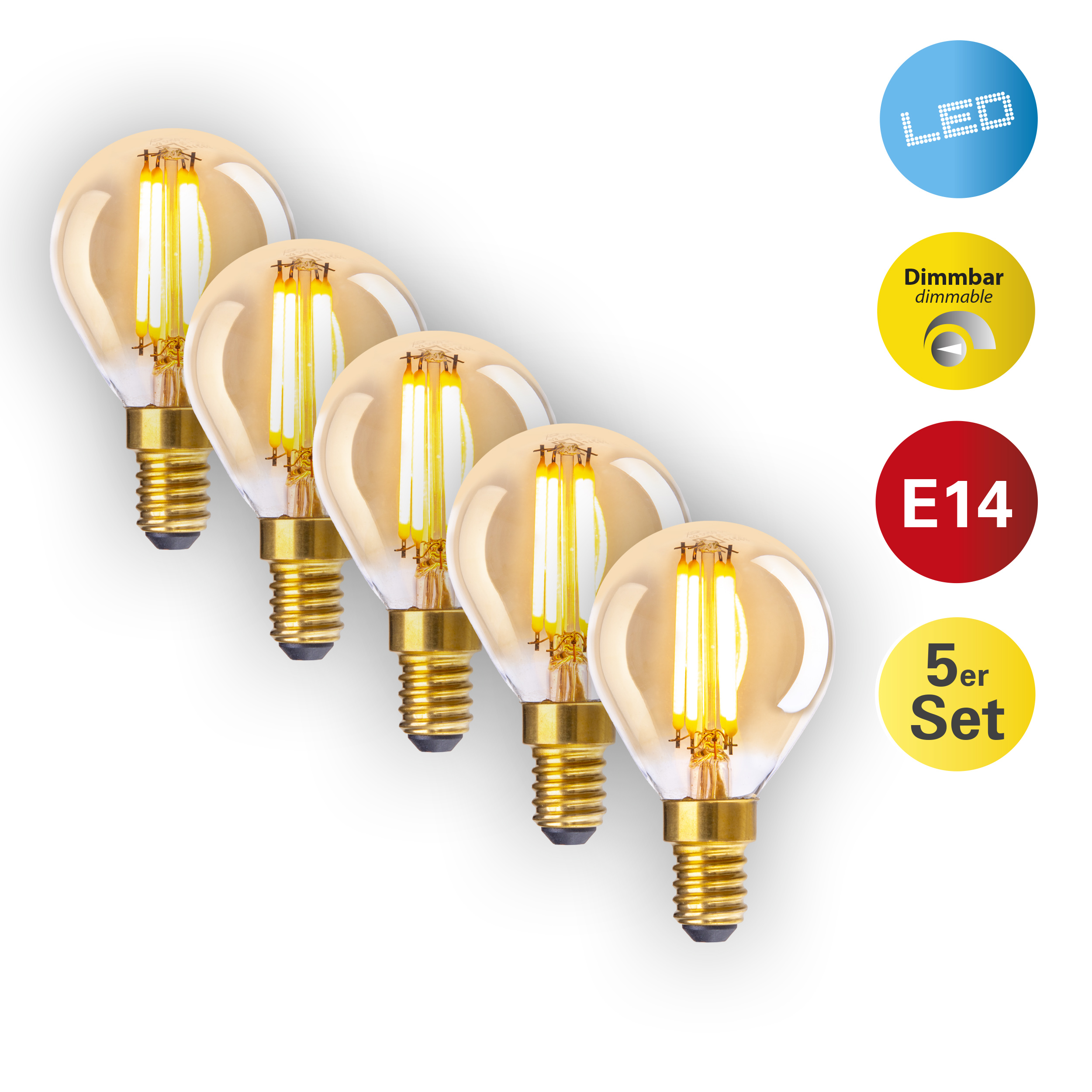 Fünf LED-Glühbirnen im Vintage-Stil mit goldenem Glas und E14-Sockel.