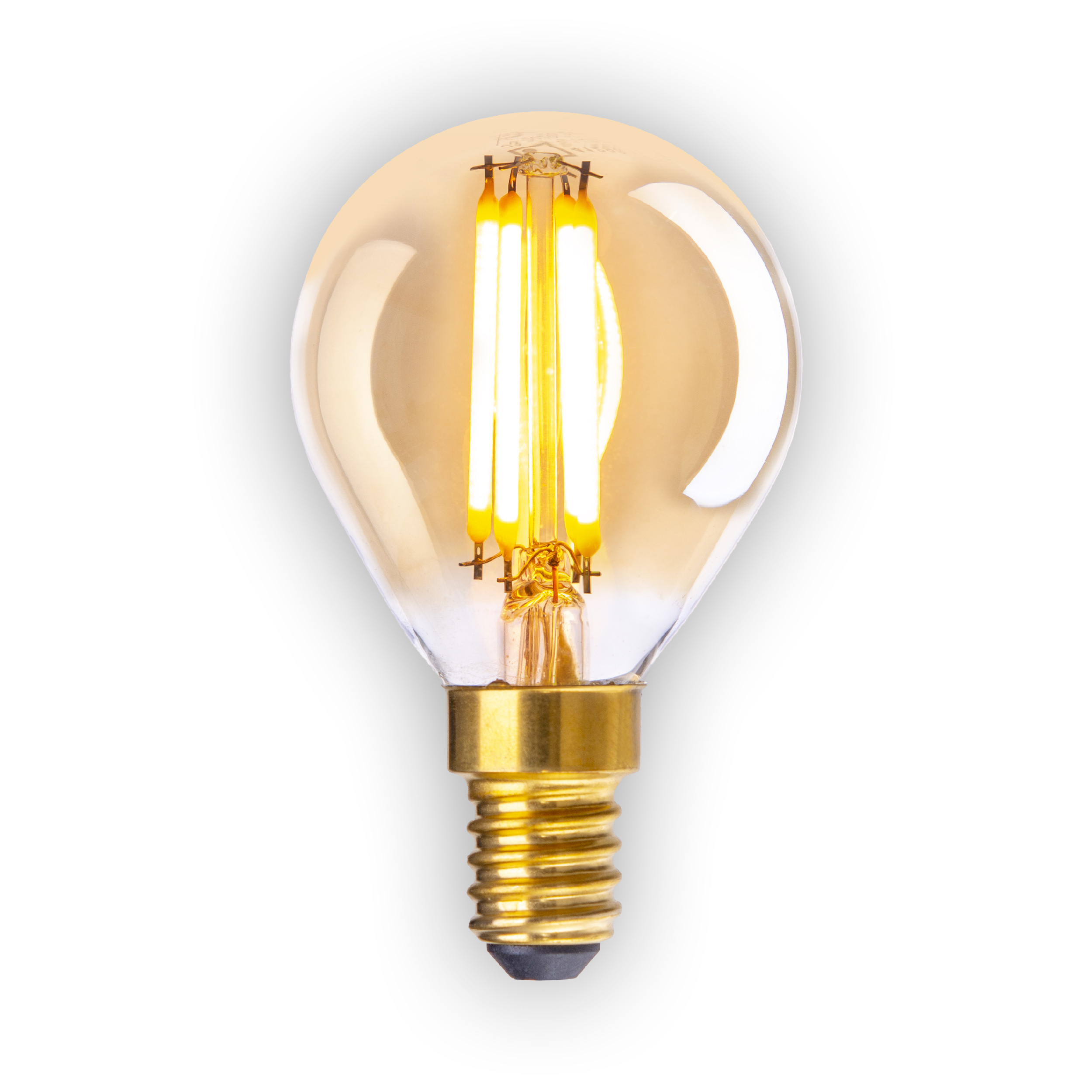 Gelb getönte Glühbirne mit goldenem Sockel. Klares Glas.