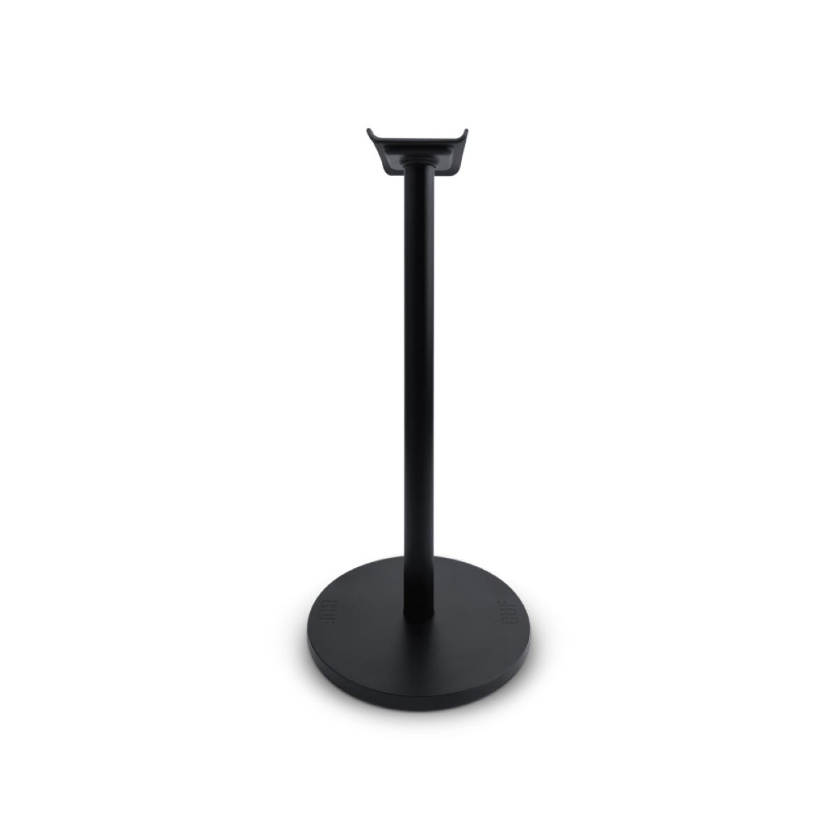Supporto per cuffie nero. Ha una base rotonda e una parte superiore curva. Lo sfondo è bianco.