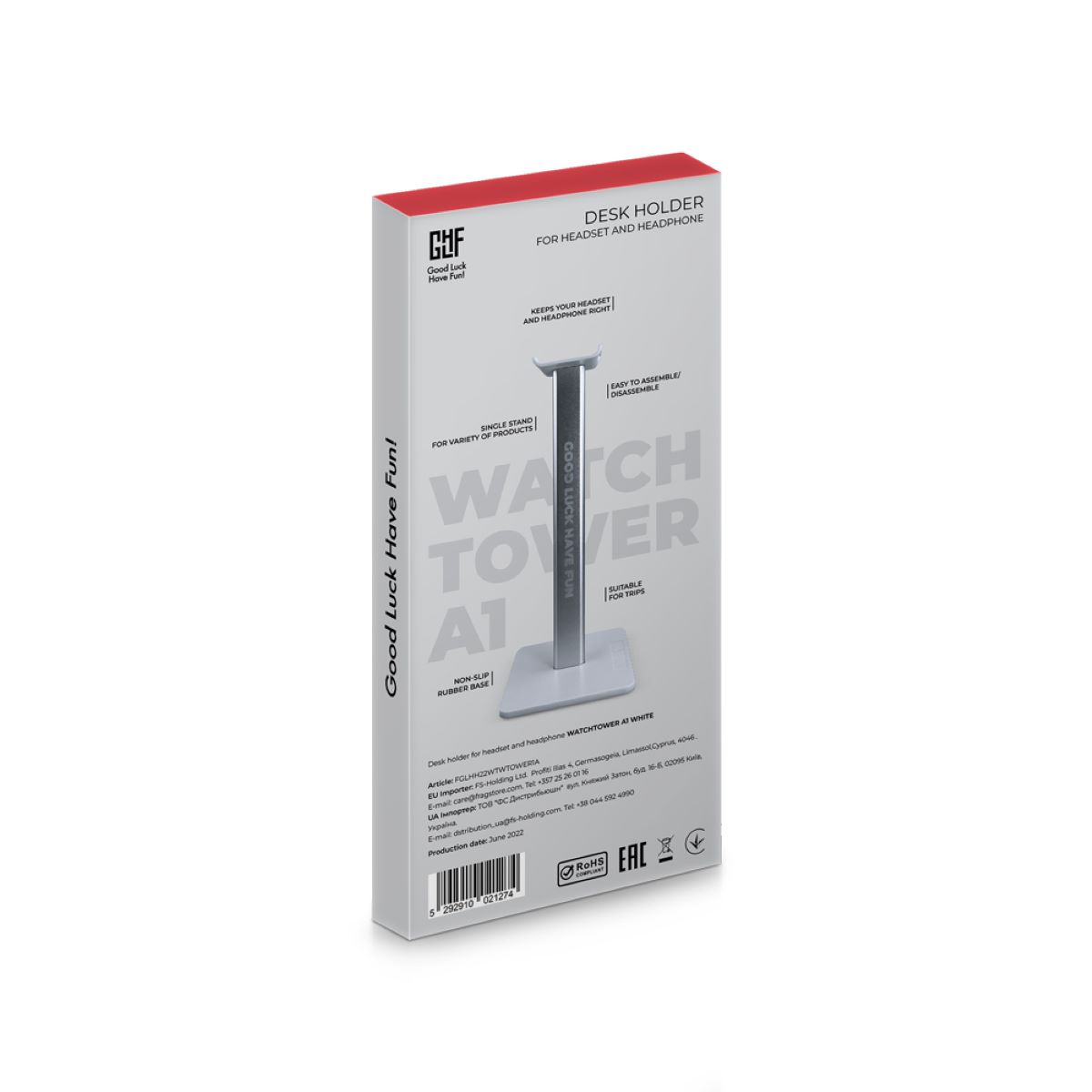 Eine weiße Schreibtischhalterbox für Headsets, mit Text und Produktdetails.