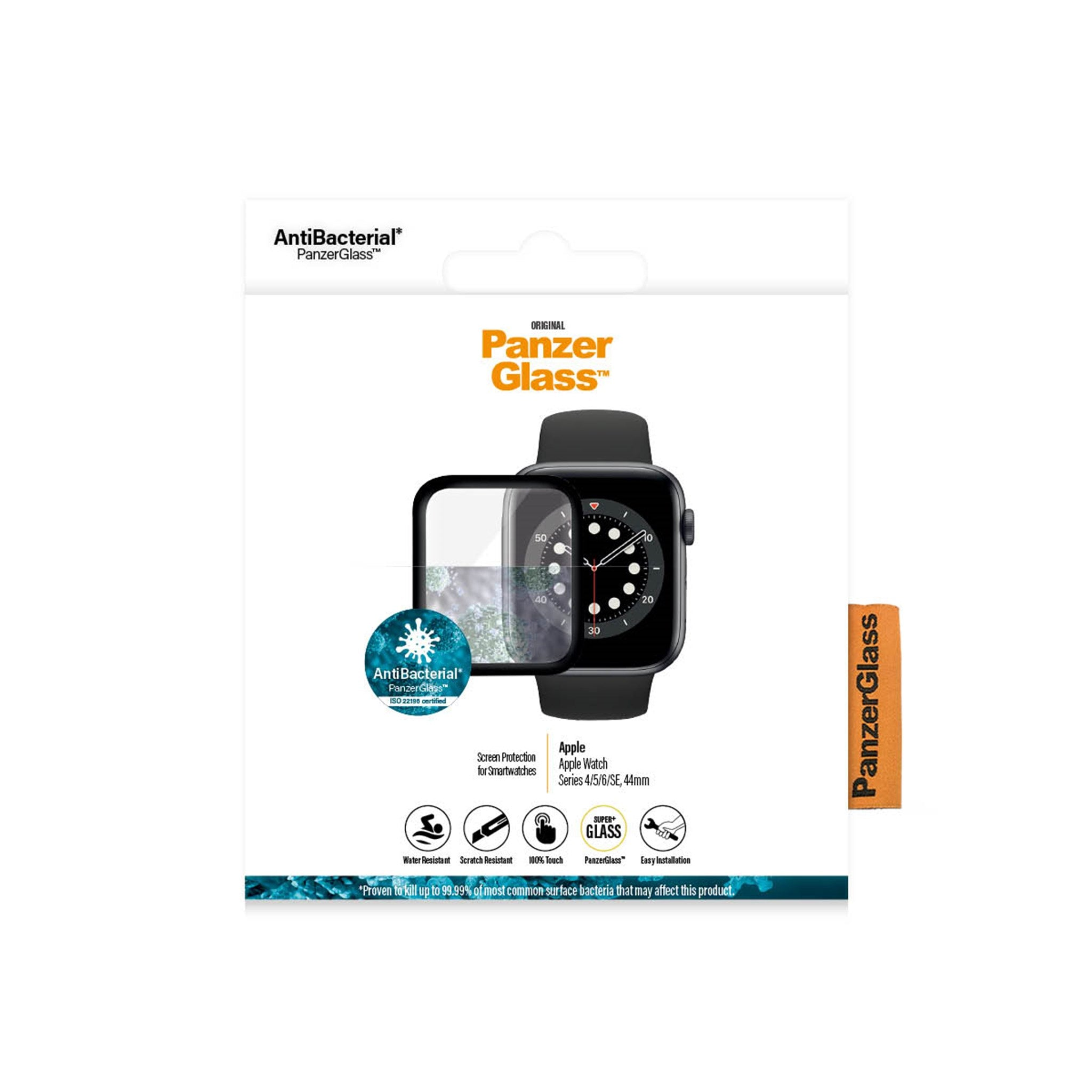 Verpackung eines Apple Watch Displayschutz, zeigt Uhr und Details.