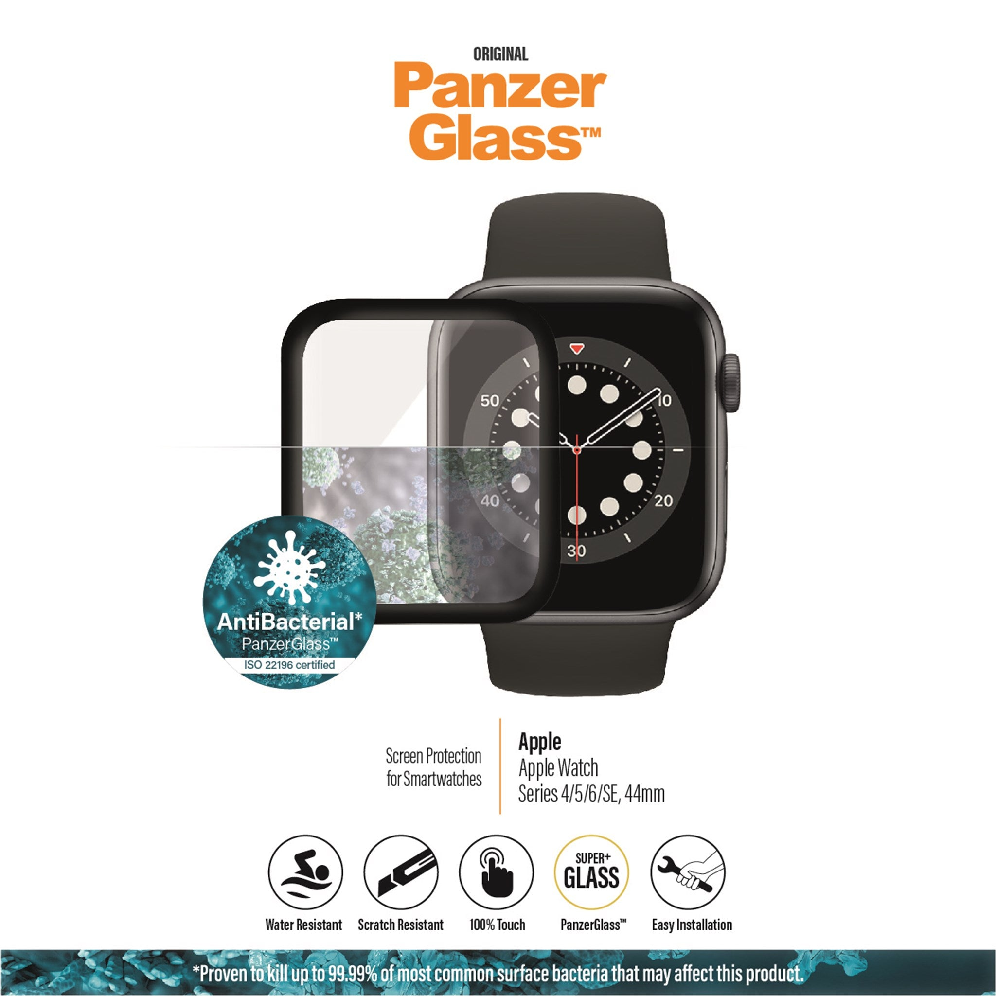 Apple Watch mit Displayschutz, Produktdetails und Symbolen.